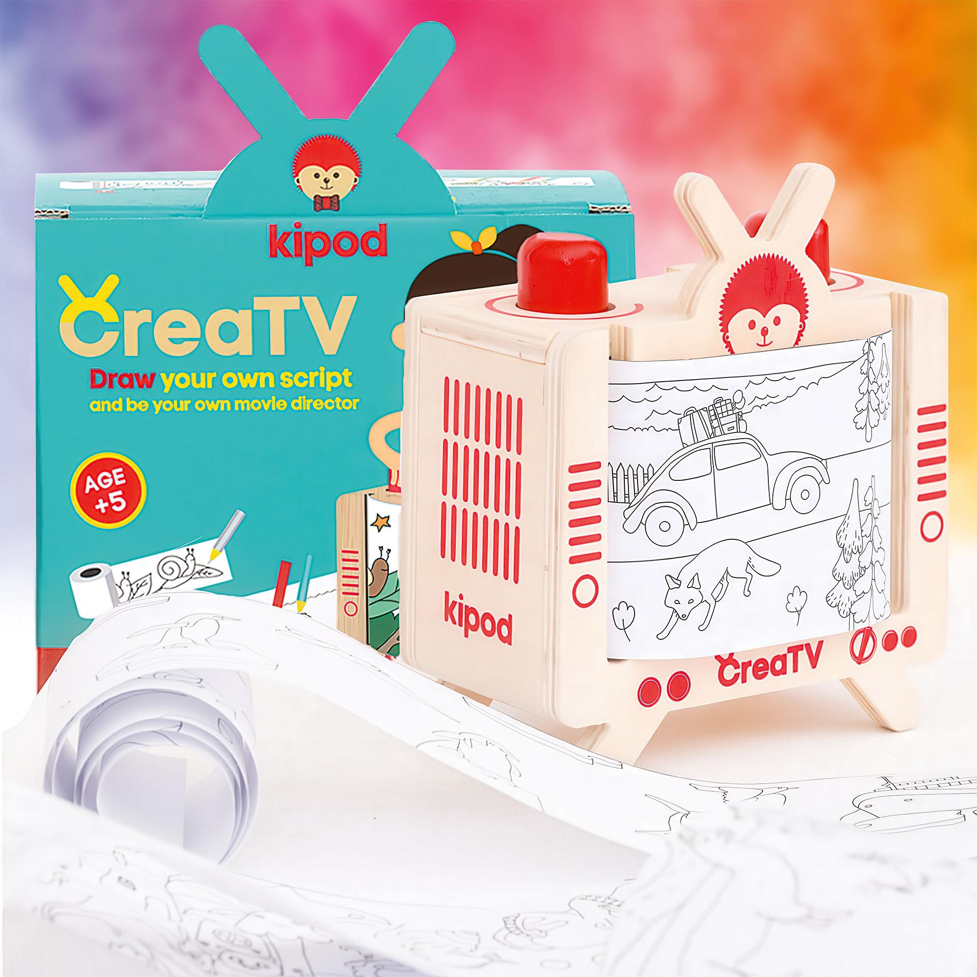 Kipod CreaTV Holzfernseher aus Holz mit Papierrollen zum Ausmalen und Selberzeichnen, ideal für Kinder ab 5 Jahren