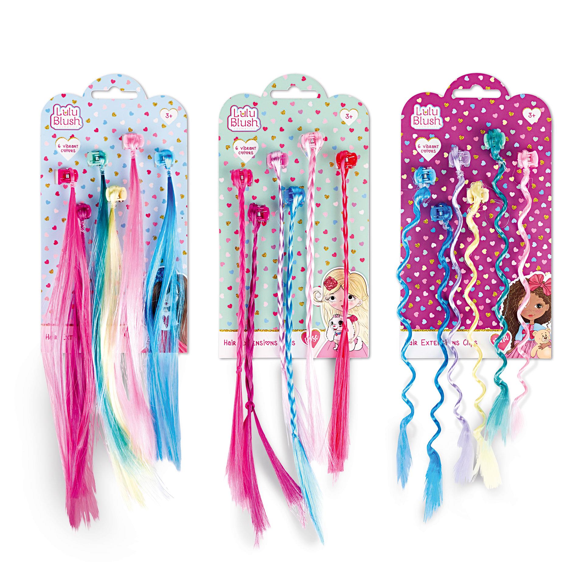 3 Packungen mit bunten Haarsträhnen-Clips für Kinder in verschiedenen Farben und Strukturen