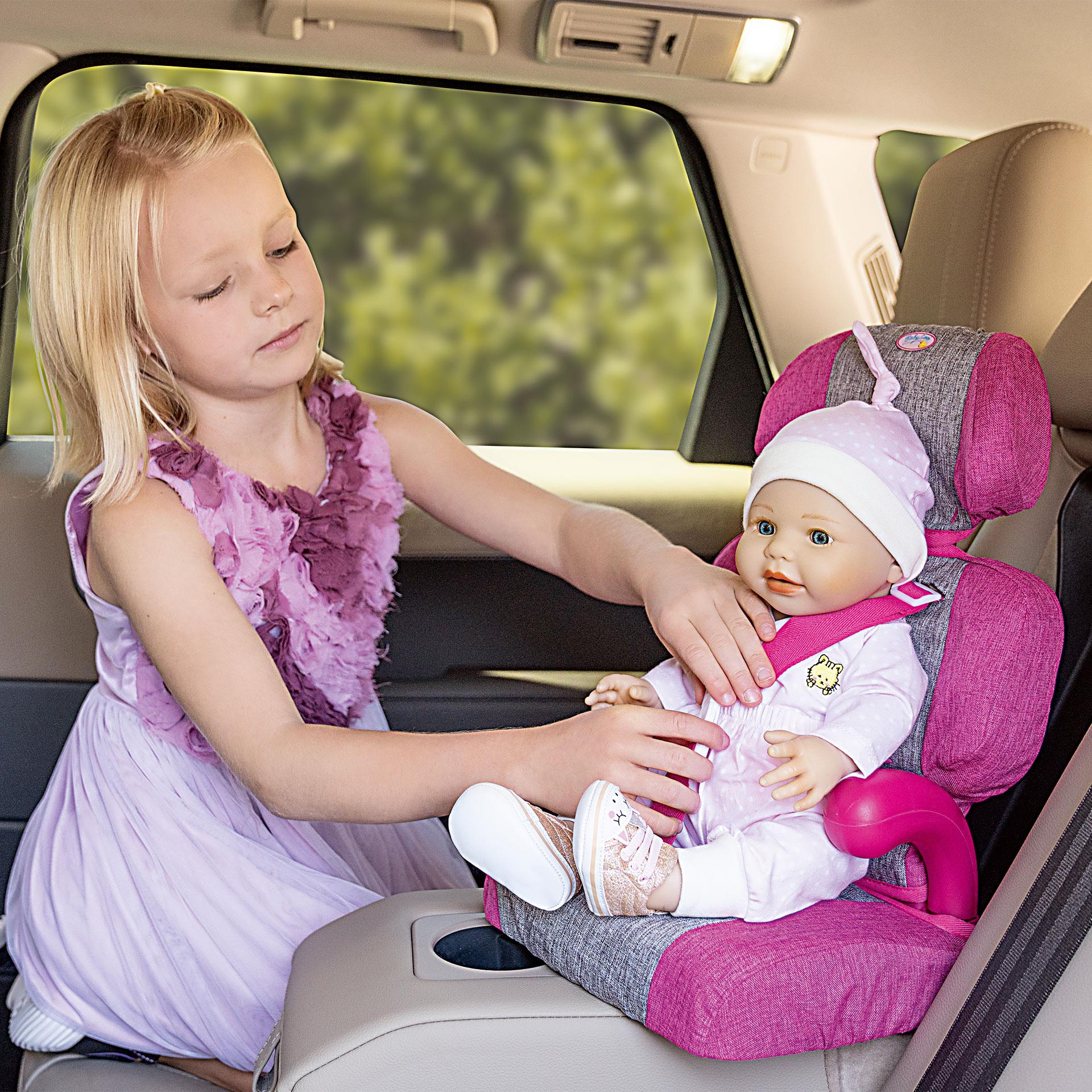 Seggiolino auto per bambole in rosa e grigio con cintura rosa, grazioso motivo unicorno e morbida imbottitura – ideale per le bambole Baby Love