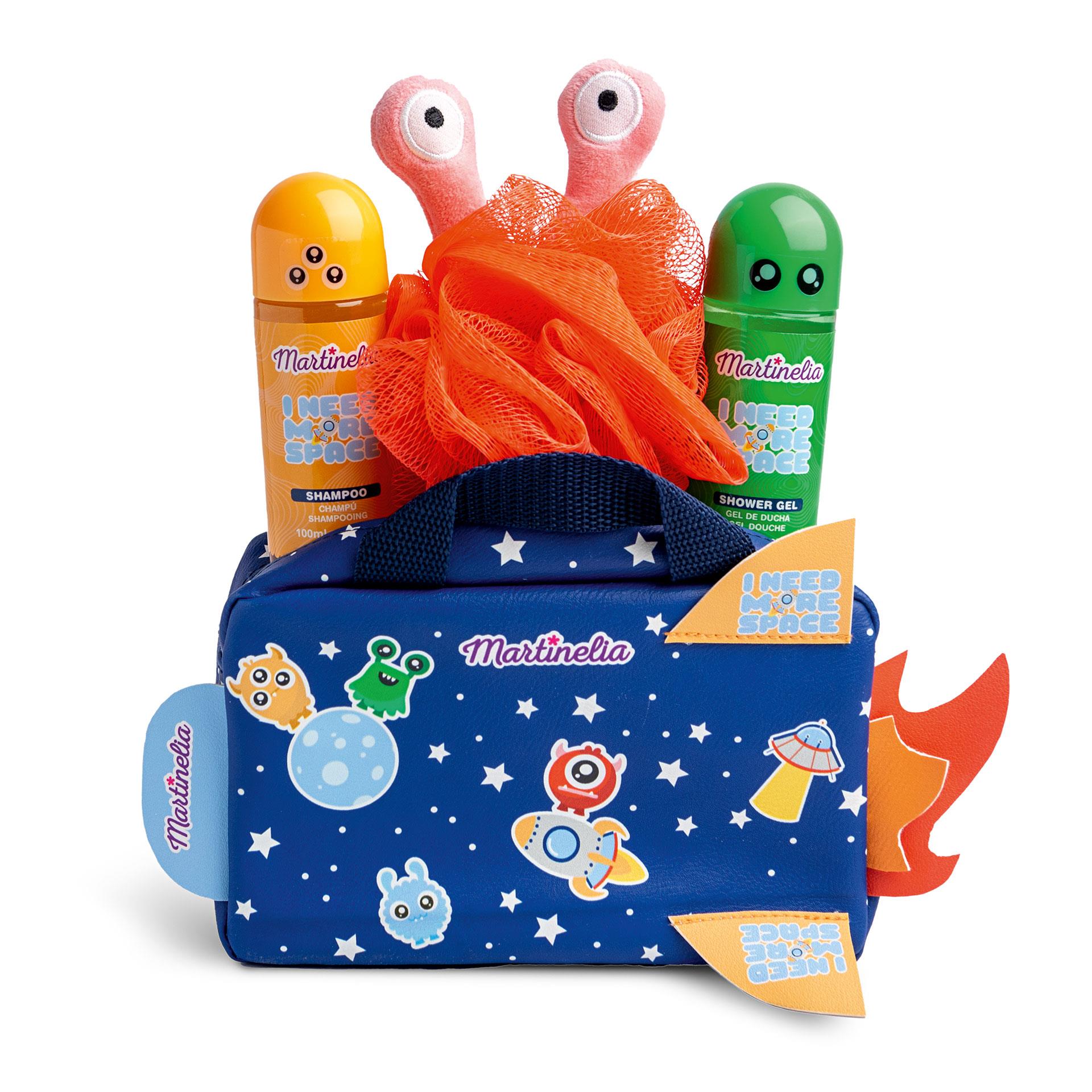 Kindernecessaire in Raketenform mit Shower Gel, Shampoo und Badeschwamm mit Alien-Augen
