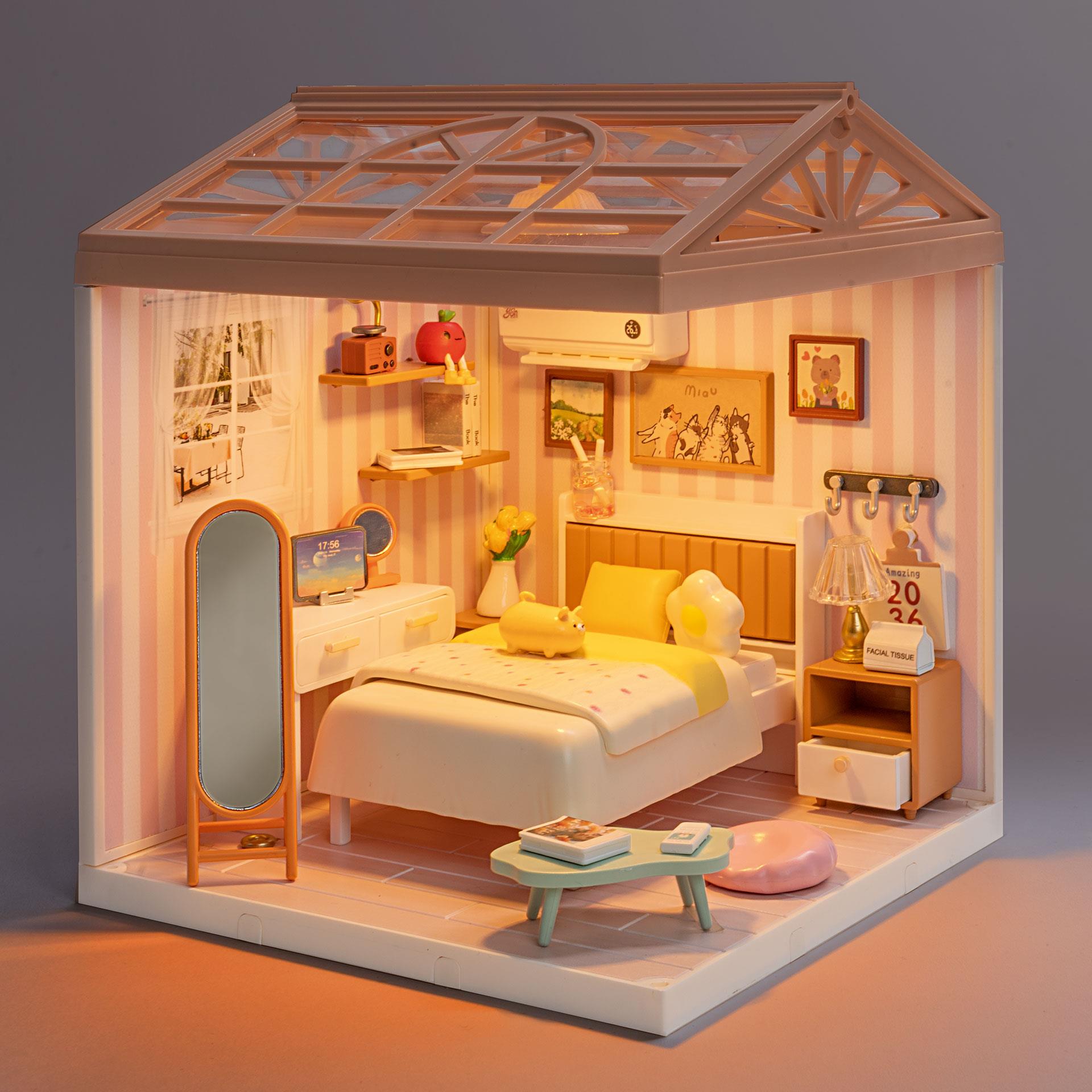 DIY Miniaturhaus Schlafzimmer mit LED-Beleuchtung – Bastelset zum selber bauen