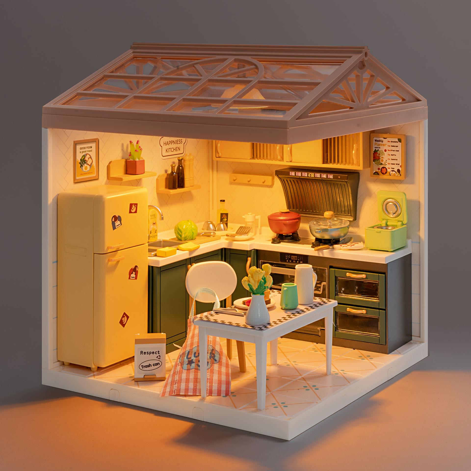 Miniaturhaus Küche mit LED und vielen kleinen Küchenaccessoires als DIY-Bausatz