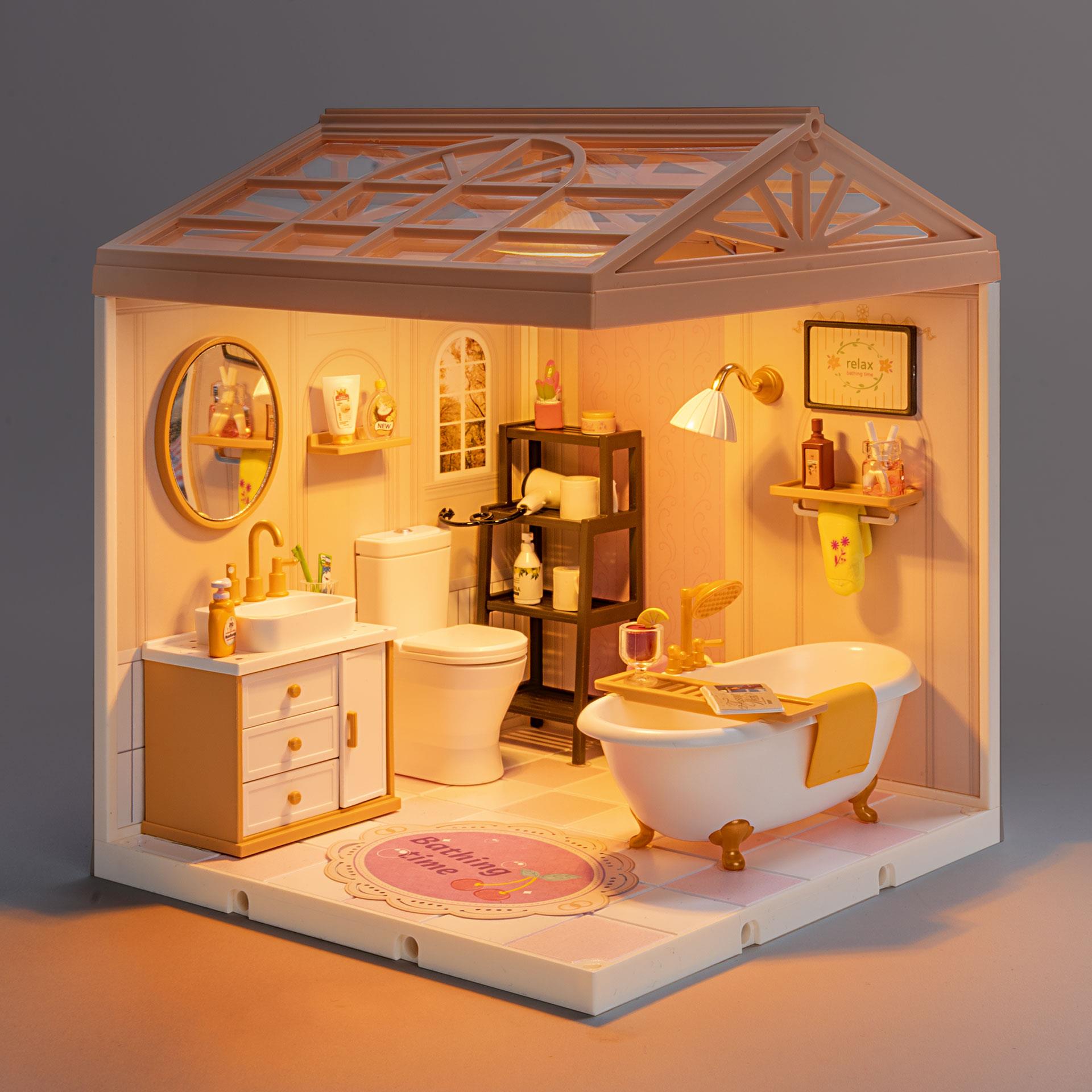 DIY Miniaturhaus Badezimmer mit Badewanne, Möbeln und LED – als Bastelset für Klein und Gross