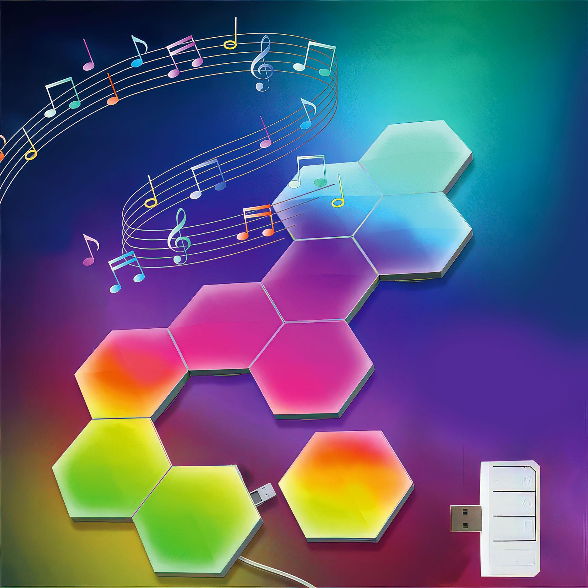 Pannelli LED esagonali su una parete, multicolori, collegati in modo modulare e alimentati tramite USB