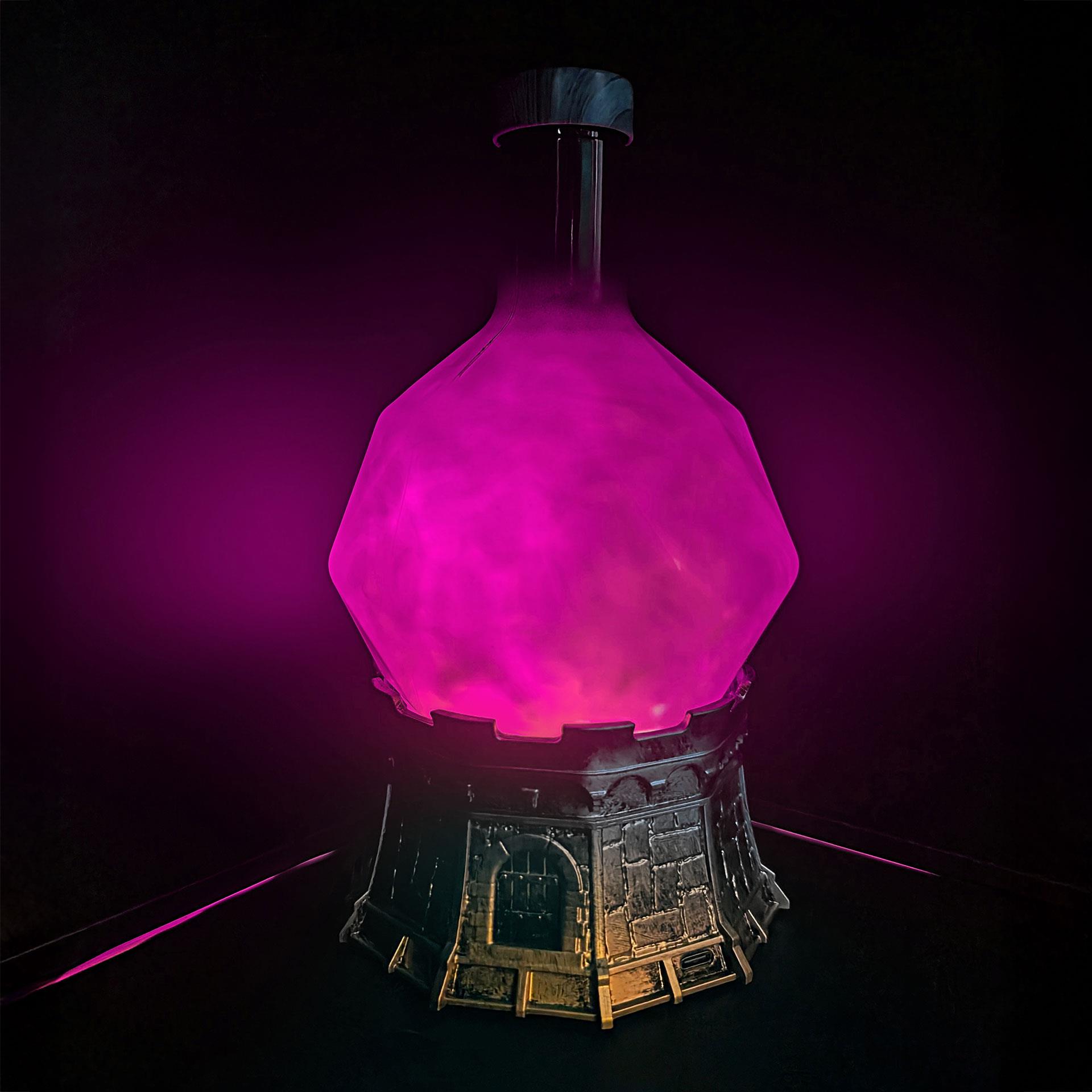 Halloween Leuchte in Form einer Zaubertrankflasche mit wirbelndem, violettem Licht
