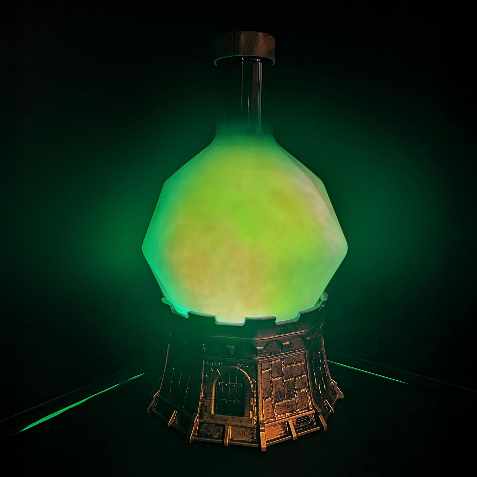 Grüne Halloween Leuchte in Form einer Zaubertrankflasche mit wirbelndem Licht