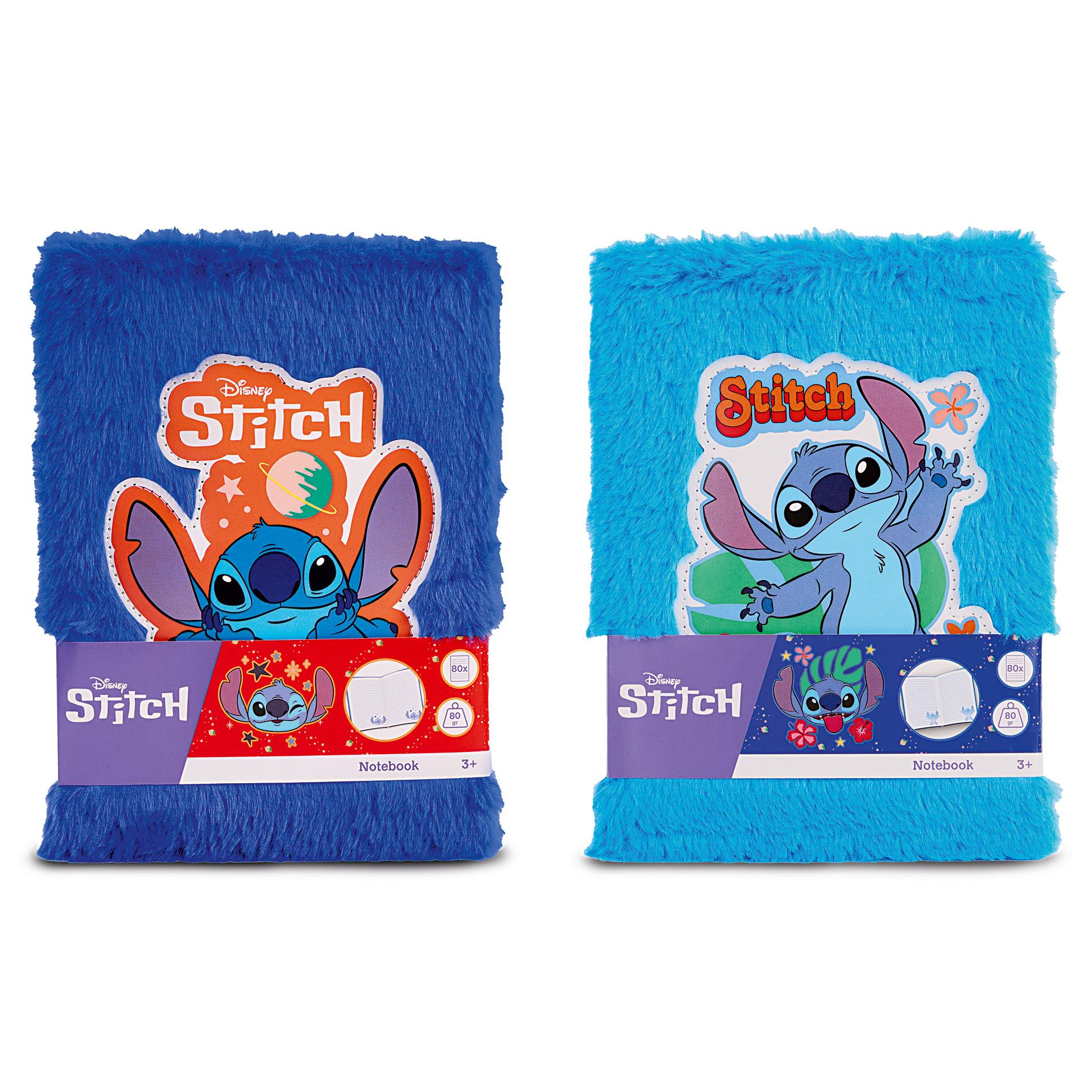 Zwei blaue Stitch Plüsch-Notizblöcke A5 mit linierten Seiten und Motivdruck