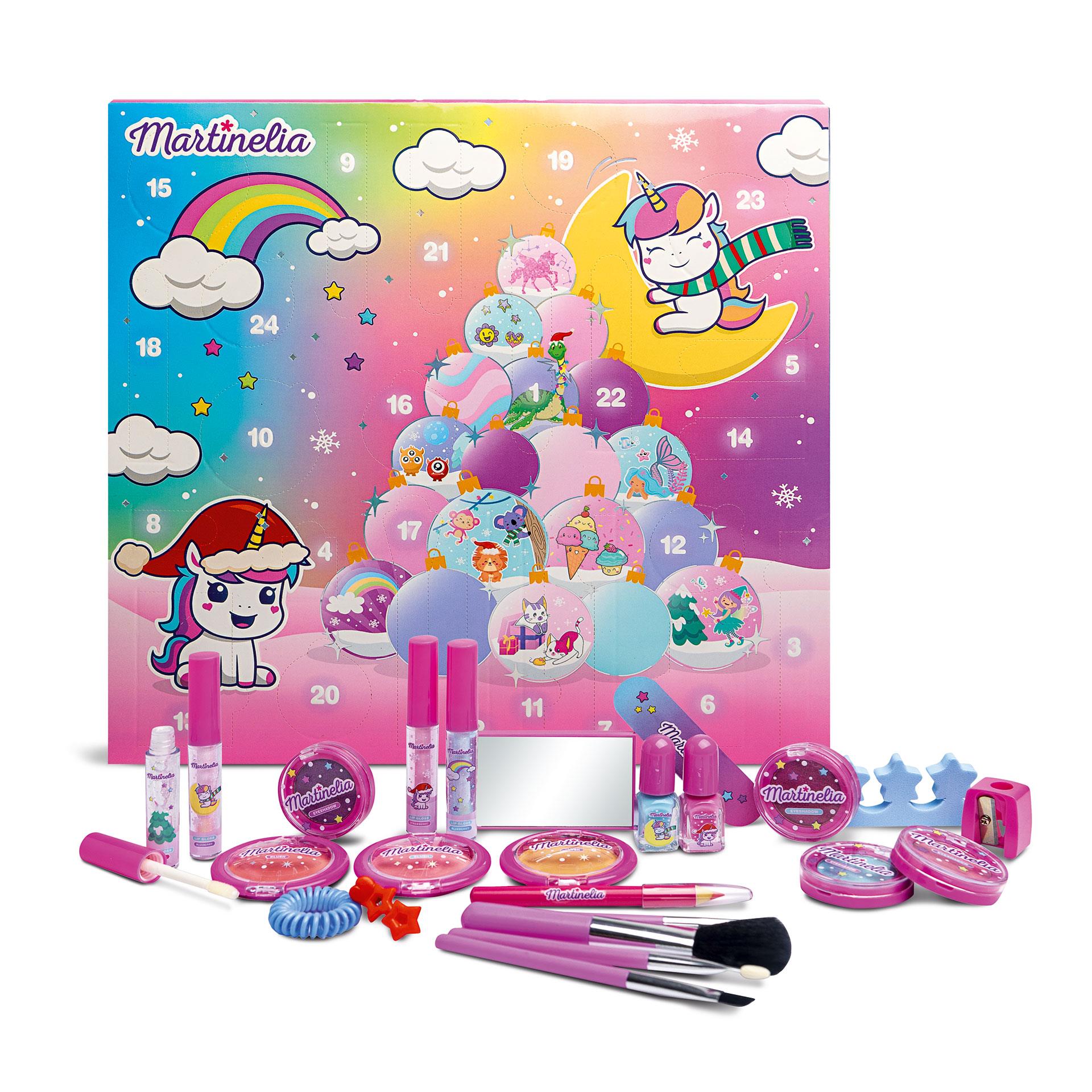 Beauty Adventskalender für Kinder mit Einhornmotiv, enthält 24 Überraschungen wie Lidschatten, Lipgloss, Nagellack, Pinsel und Accessoires