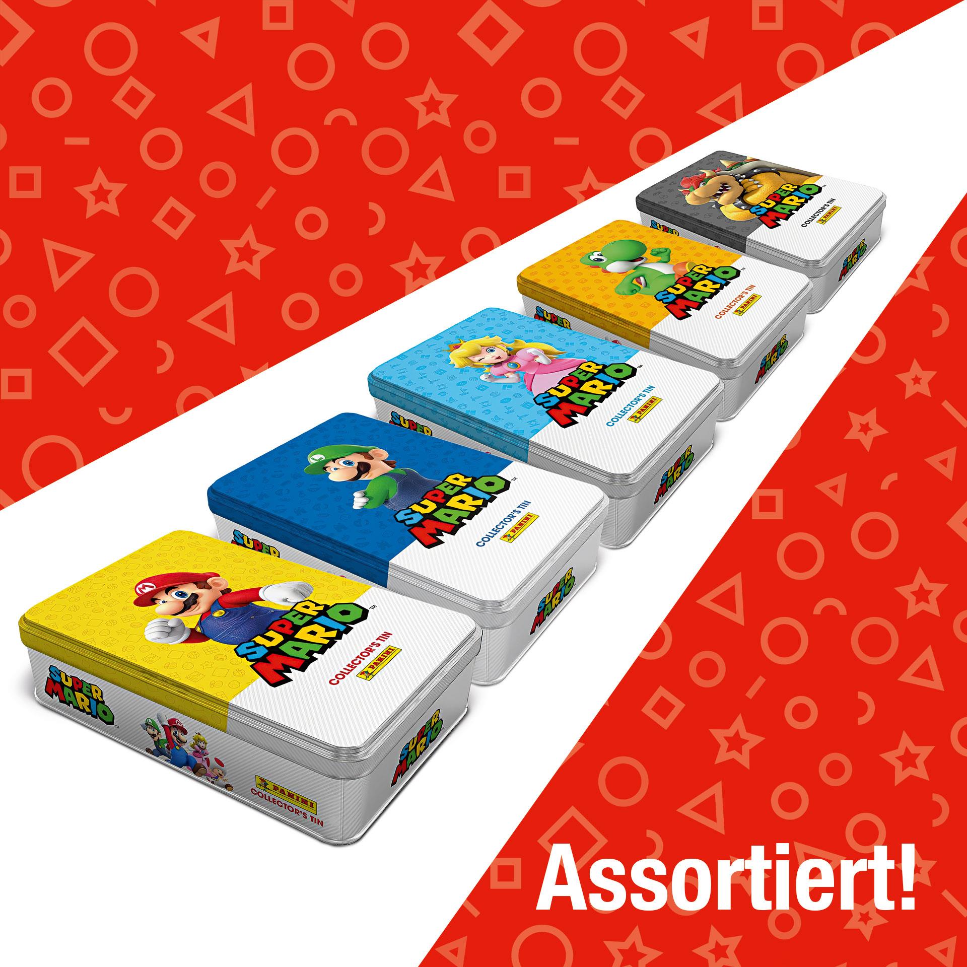 Super Mario Panini Tin Box aus Metall (Design assortiert) mit 15 Stickertüten und einer Limited Edition Karte