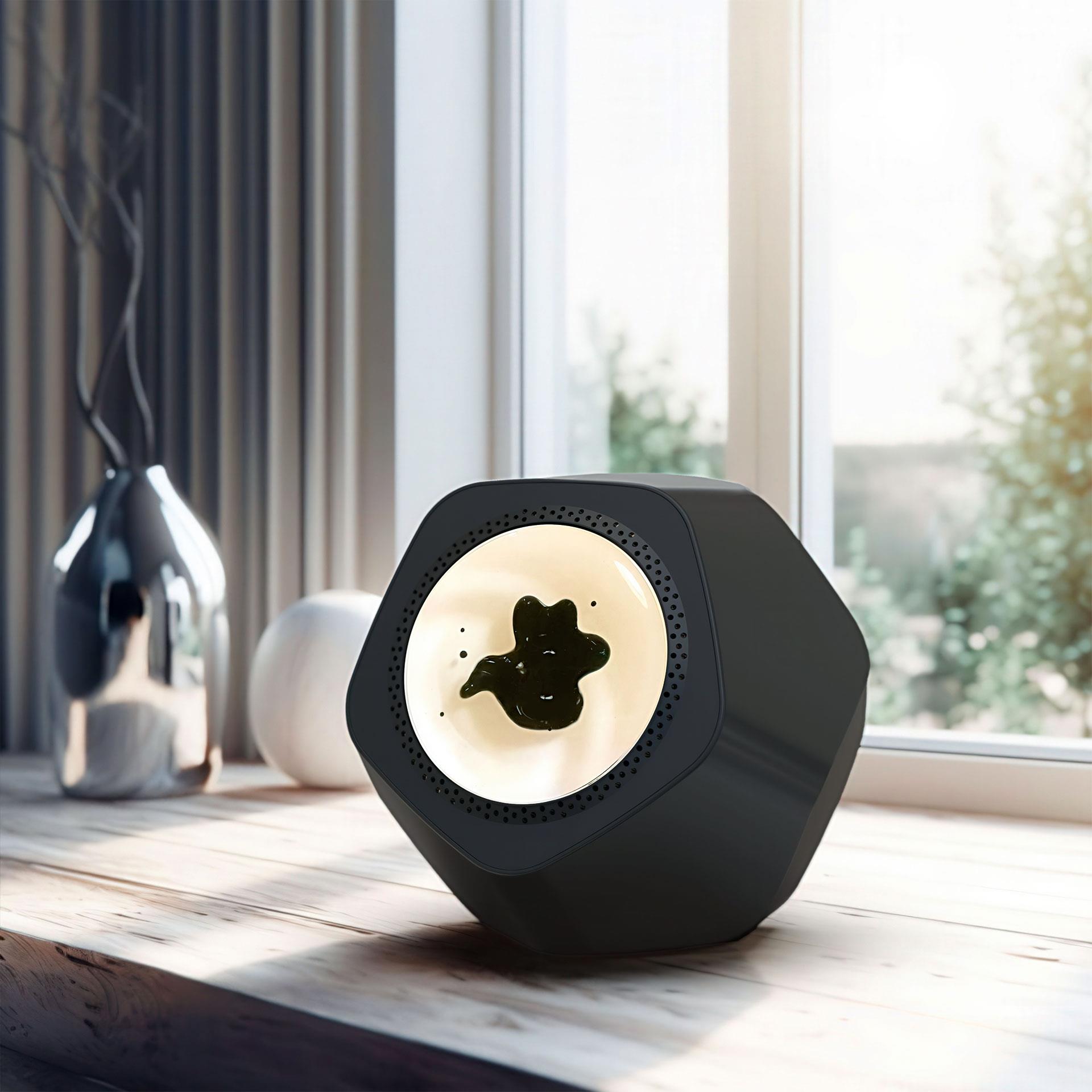 Moderner Bluetooth-Lautsprecher mit tanzendem Ferrofluid im Inneren