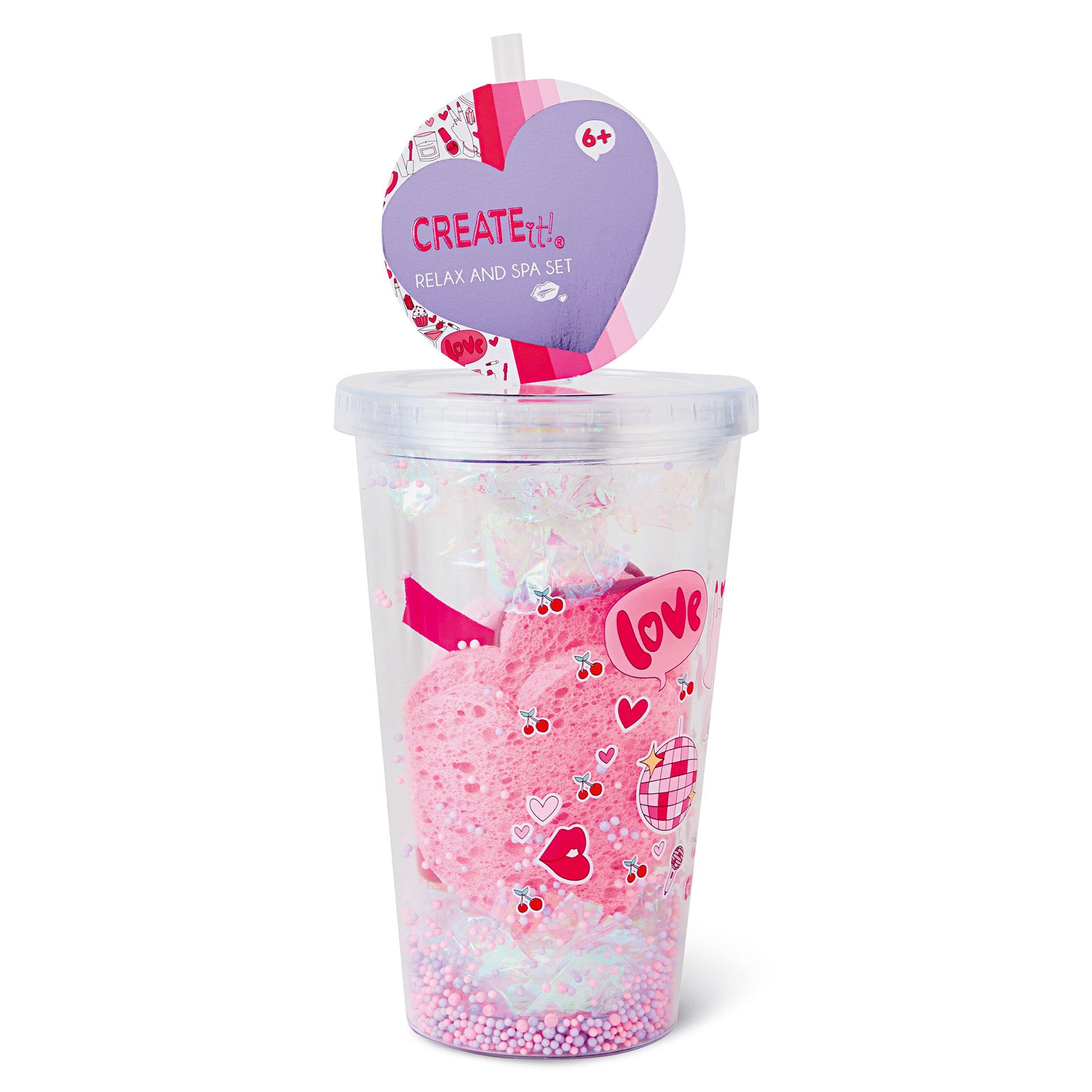 Becher Relax and SPA Set Rosa mit Seifen, Schwamm und Haargummis in dekorativer Kunststoffverpackung