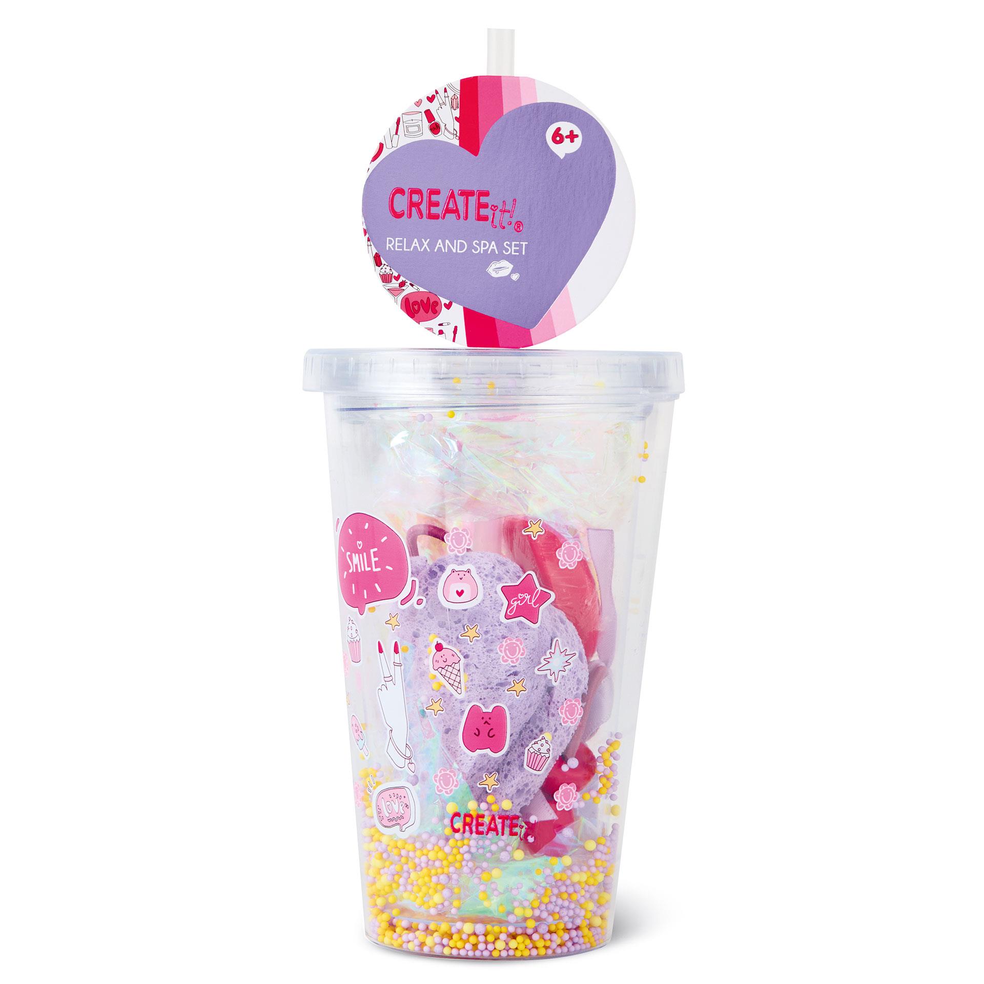 Becher Relax and SPA Set Lila mit Seifen, Schwamm und Haargummis in dekorativer Kunststoffverpackung