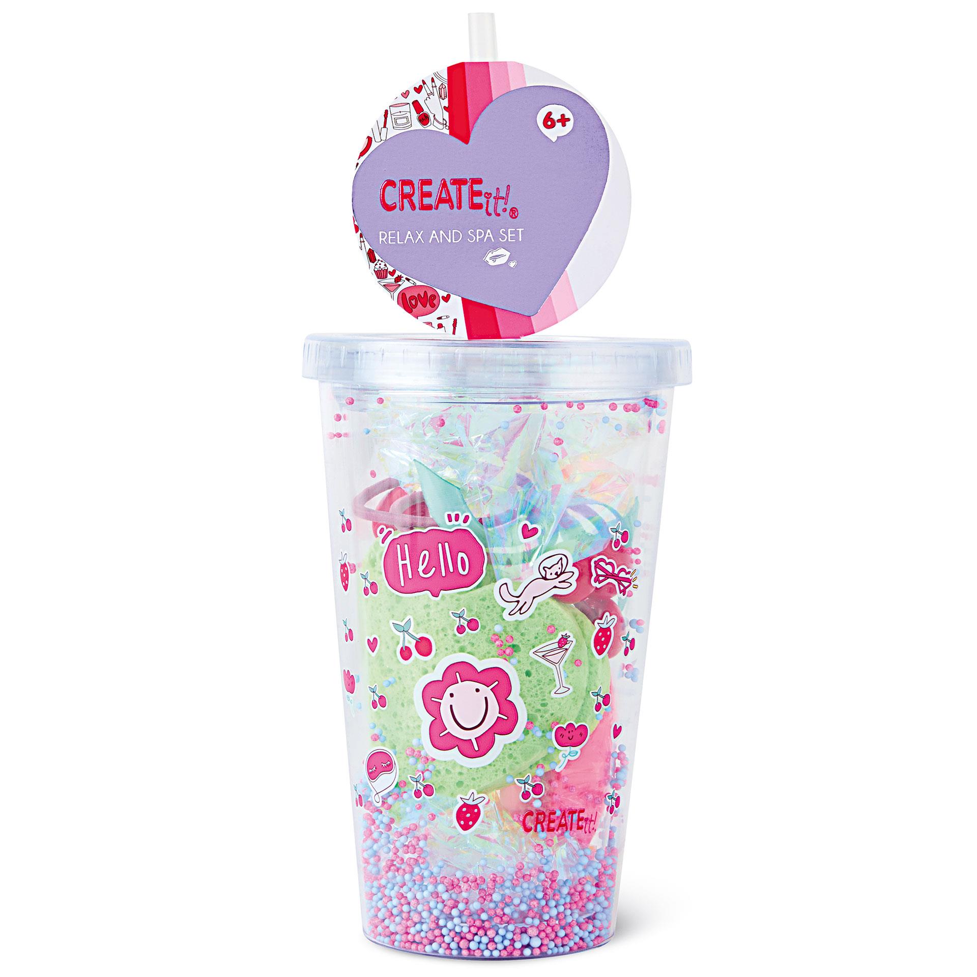 Becher Relax and SPA Set Grün mit Seifen, Schwamm und Haargummis in dekorativer Kunststoffverpackung