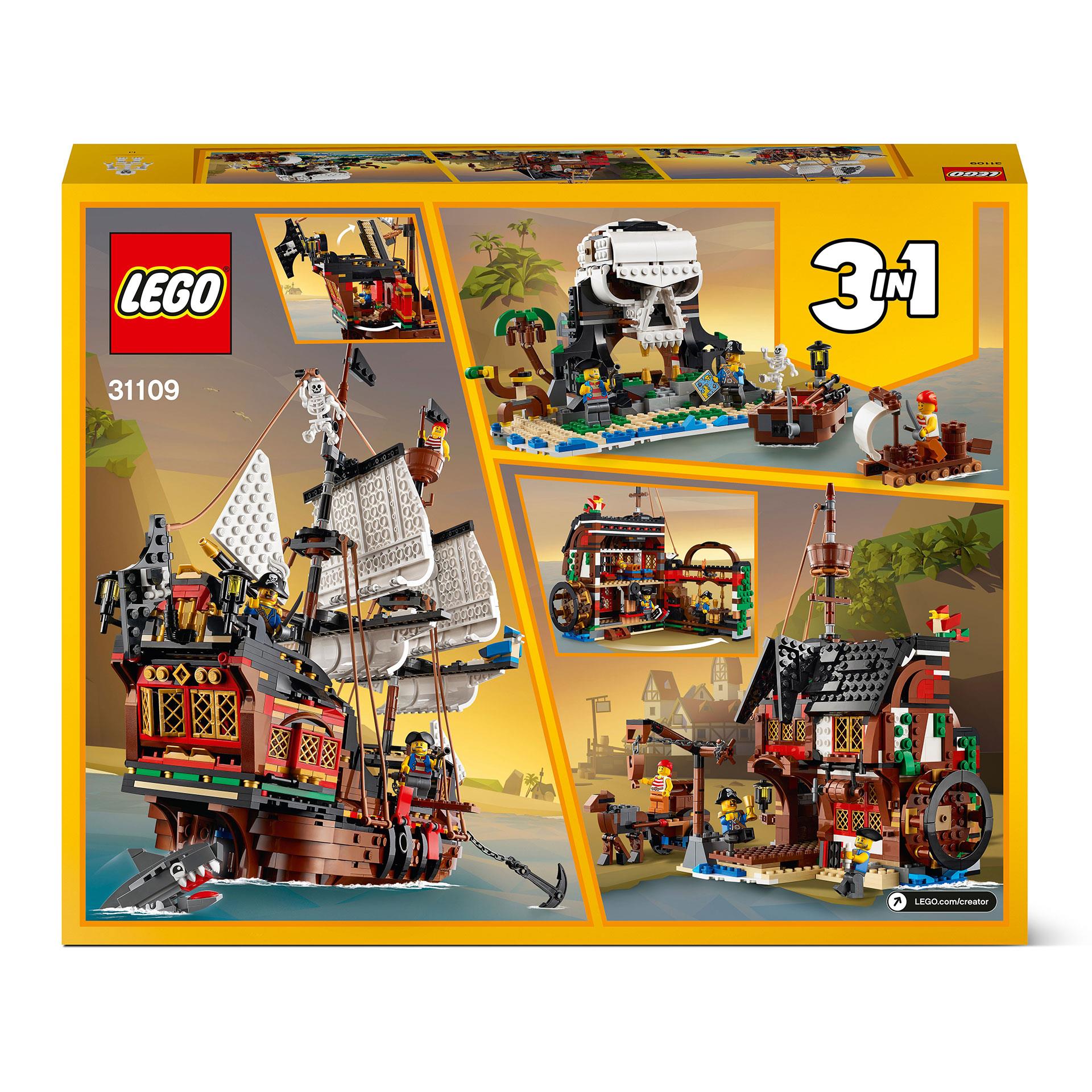 LEGO Creator 3-in-1 Piratenschiff Set, Taverne und Totenkopfinsel.