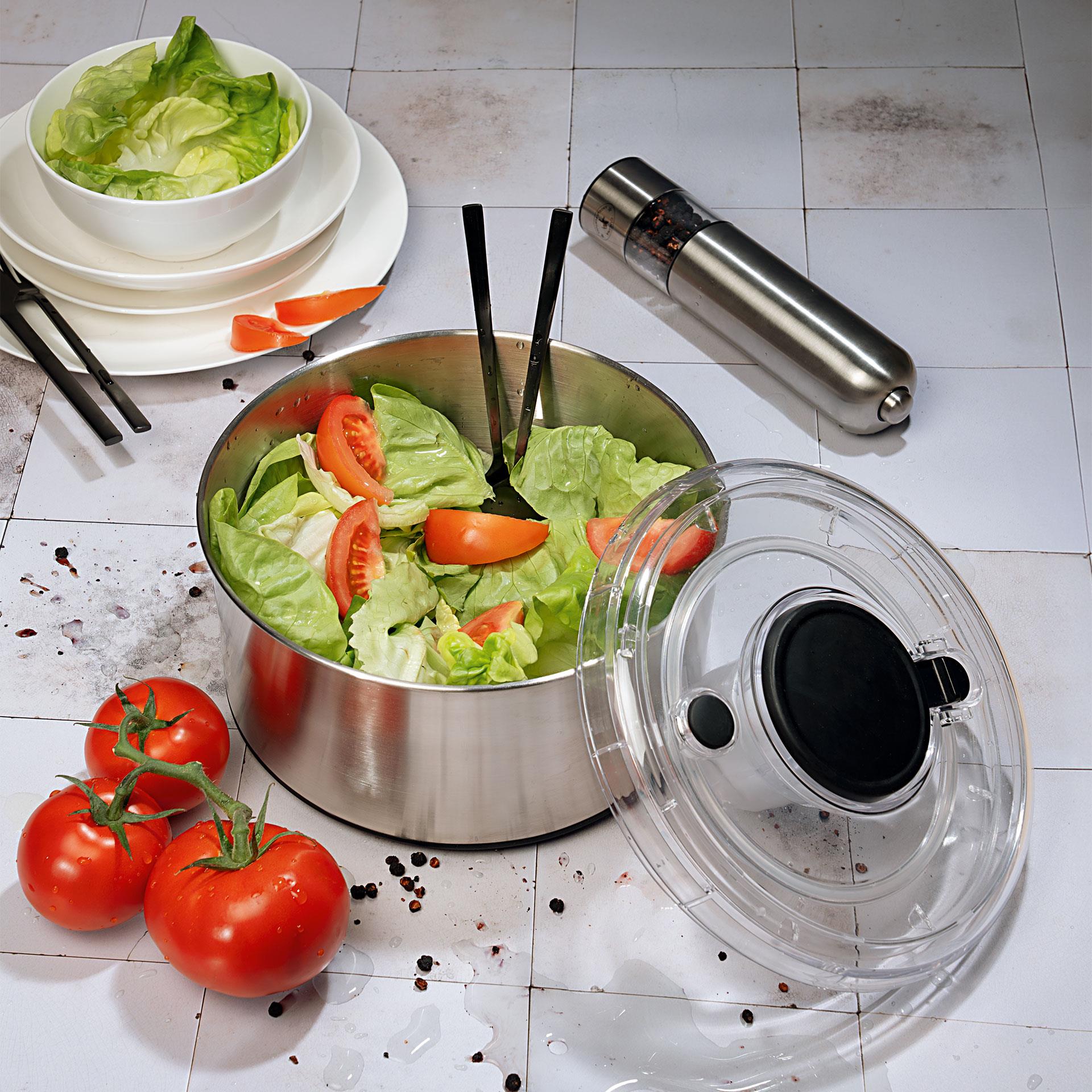 Edelstahl-Salatschleuder mit Pumpmechanik, transparentem Deckel, Stopptaste und rutschfestem Silikonboden