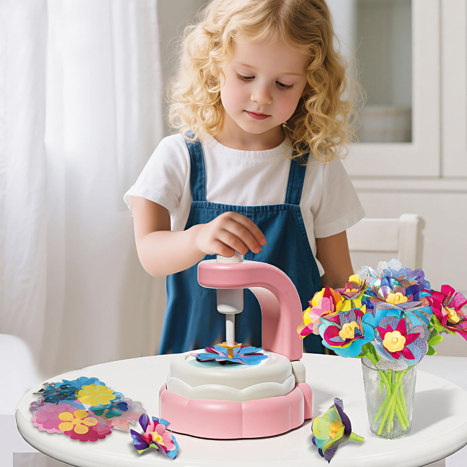 Kit de jeu bouquet de fleurs DIY avec presse à fleurs rose, nombreux pétales colorés, tiges vertes