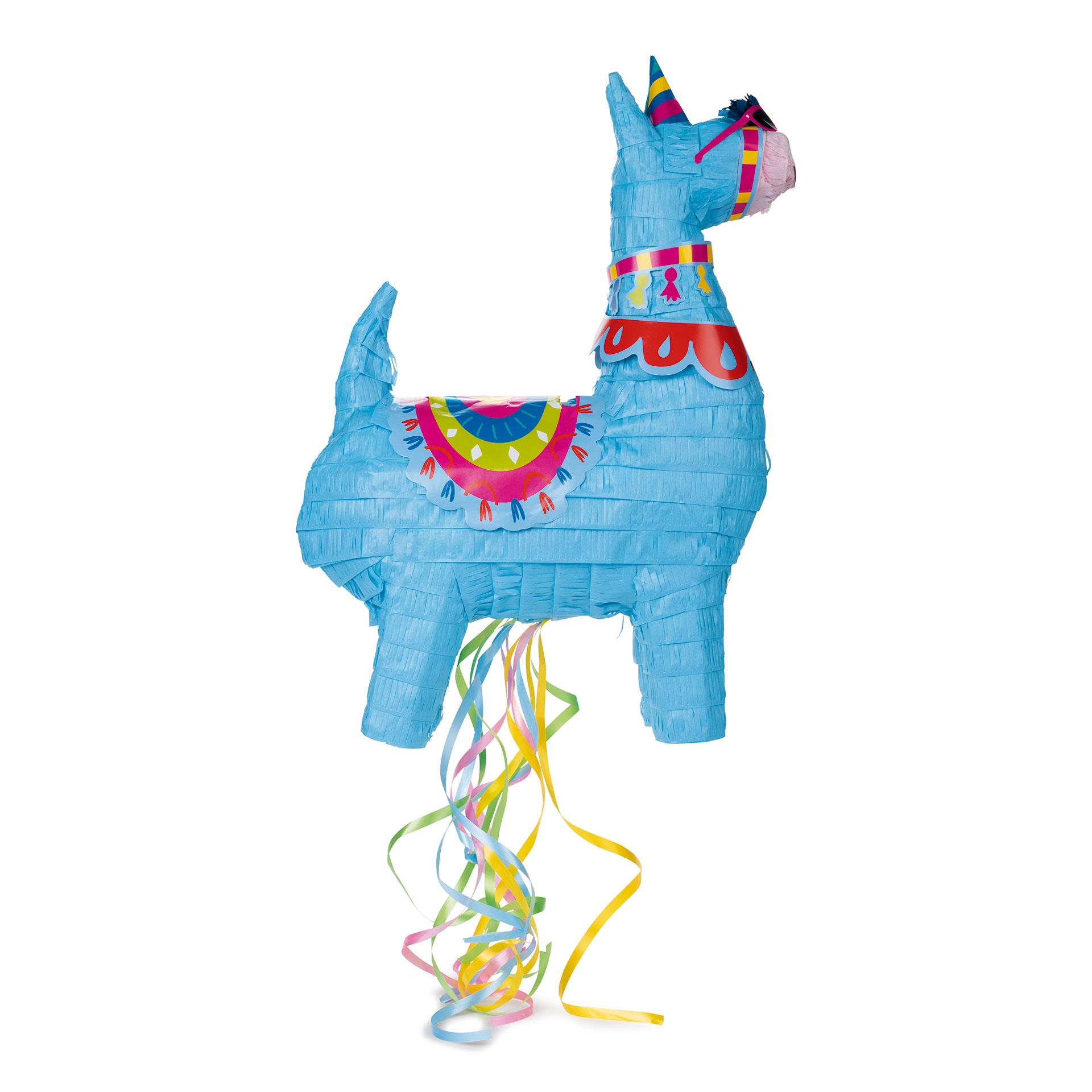 Pinata lama bleu clair avec batte en bois colorée et bandeau pour les yeux multicolore comme jeu de fête pour les enfants