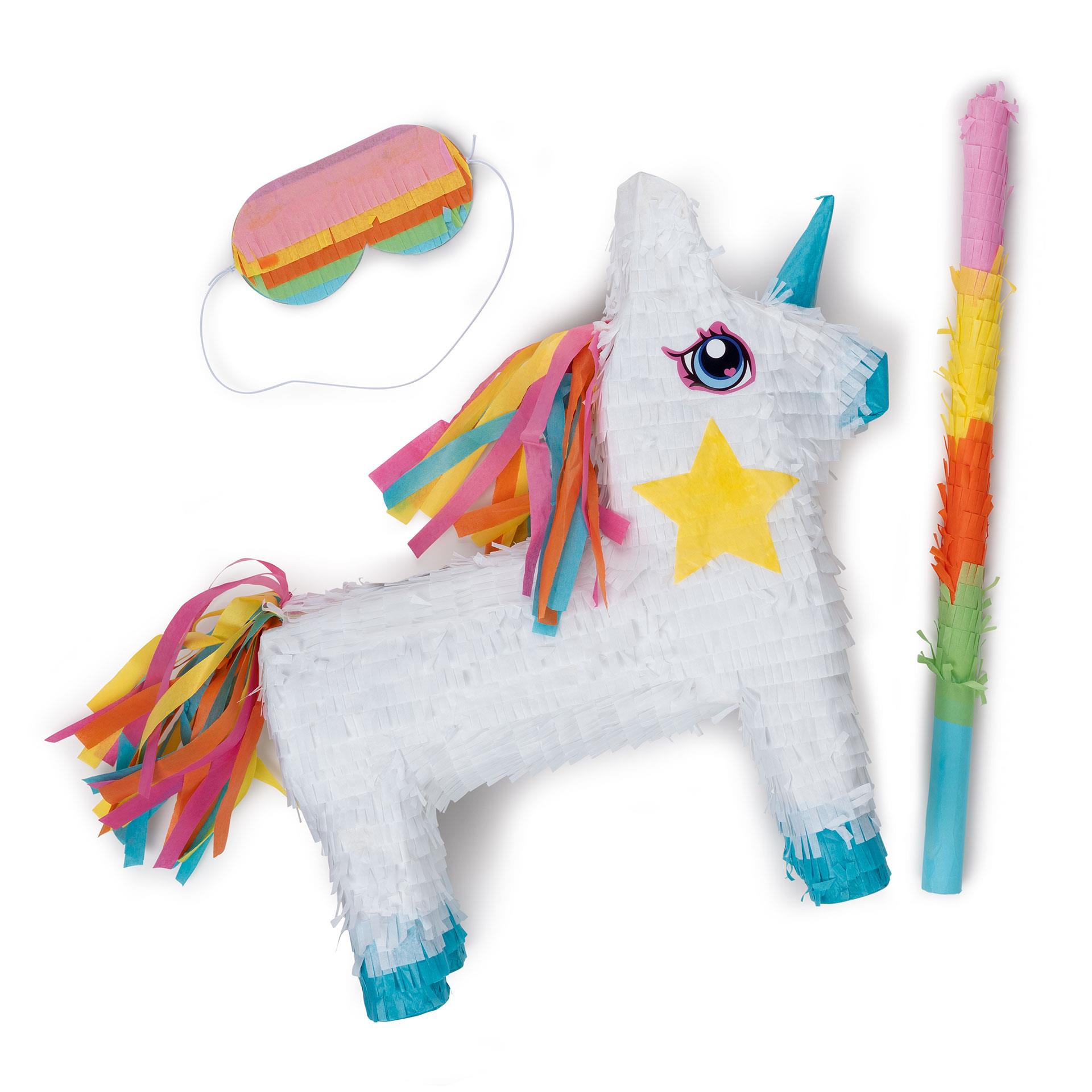 Pinata licorne blanche et bleue avec batte en bois colorée et bandeau pour les yeux coloré comme jeu de fête pour enfants