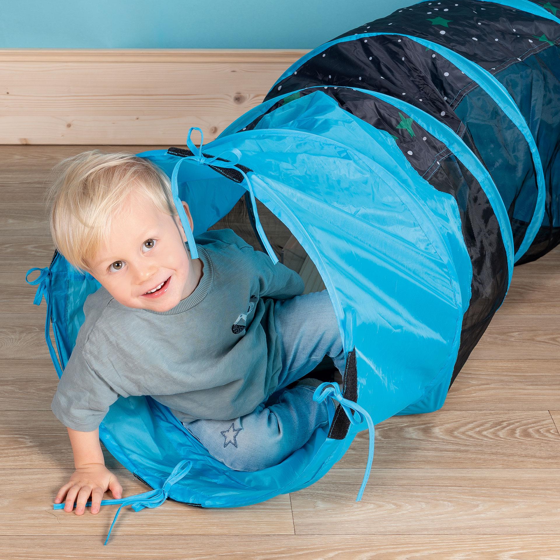 Blauer Krabbeltunnel aus Polyester mit Stahlfeder-Ringen