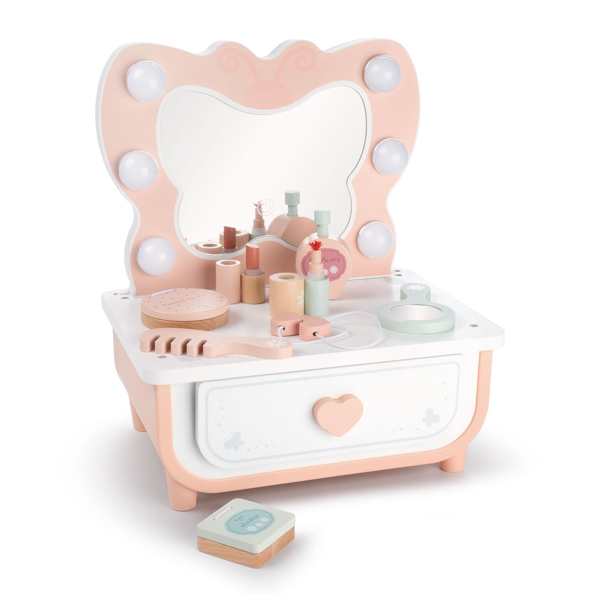Tavolo da trucco illuminato a forma di farfalla in legno con specchio e 10 accessori per capelli e cosmetici in colori pastello