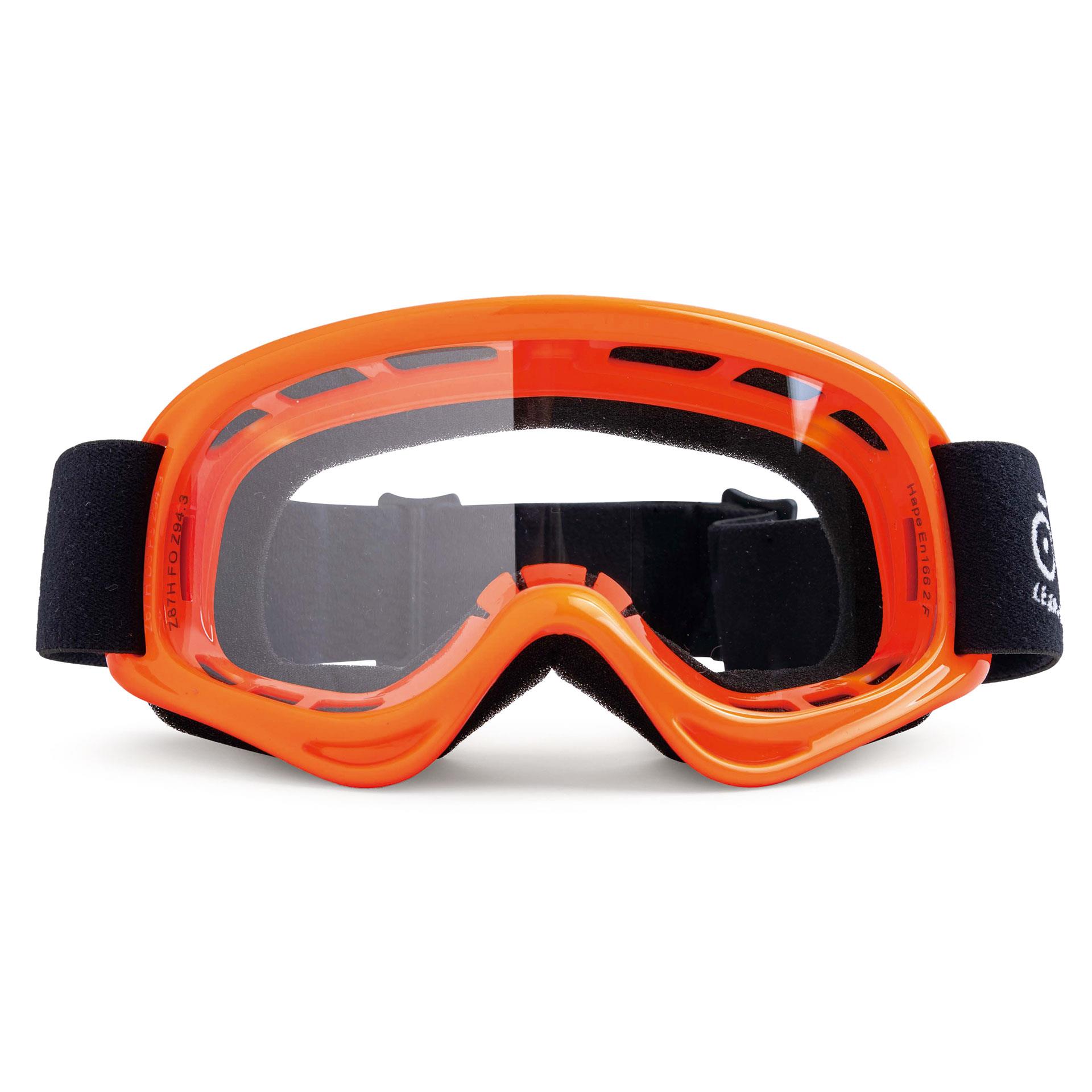 Orange Kinder-Schutzbrille mit klarem Glas, schwarzem Elastikband und weichem Frottee-Polster am Rahmen