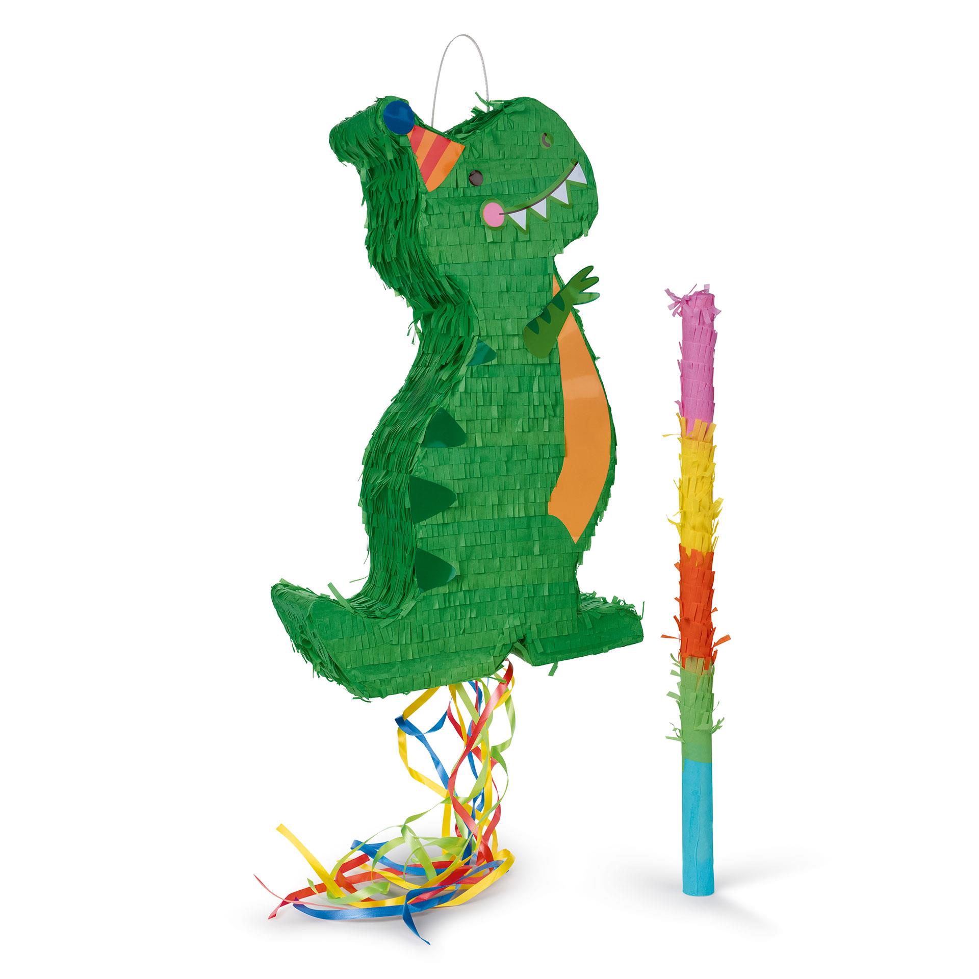 Pinata dinosaure verte avec batte en bois colorée et bandeau pour les yeux multicolore comme jeu de fête pour les enfants