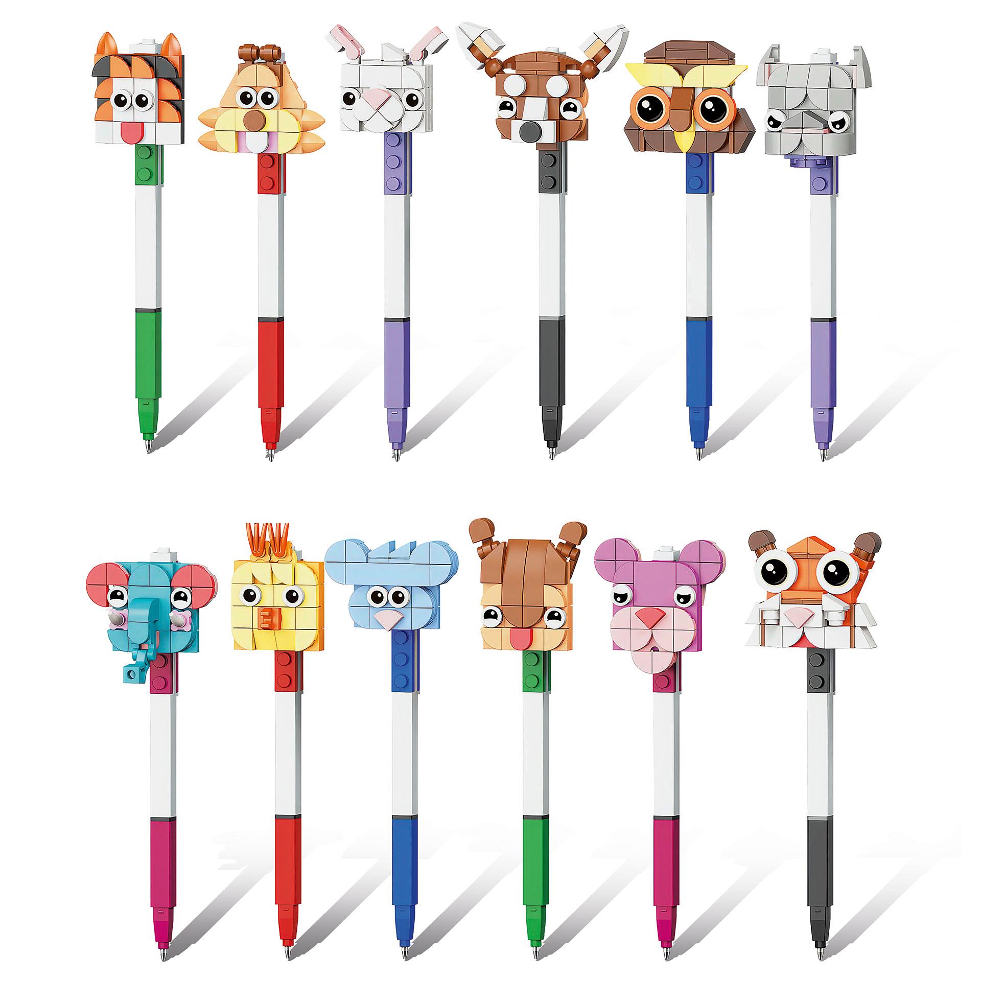 Blocchi da costruzione a forma di animali Penne a sfera con figure di animali colorate da assemblare, che possono essere fissate sulle penne come teste di animali, 12 motivi diversi