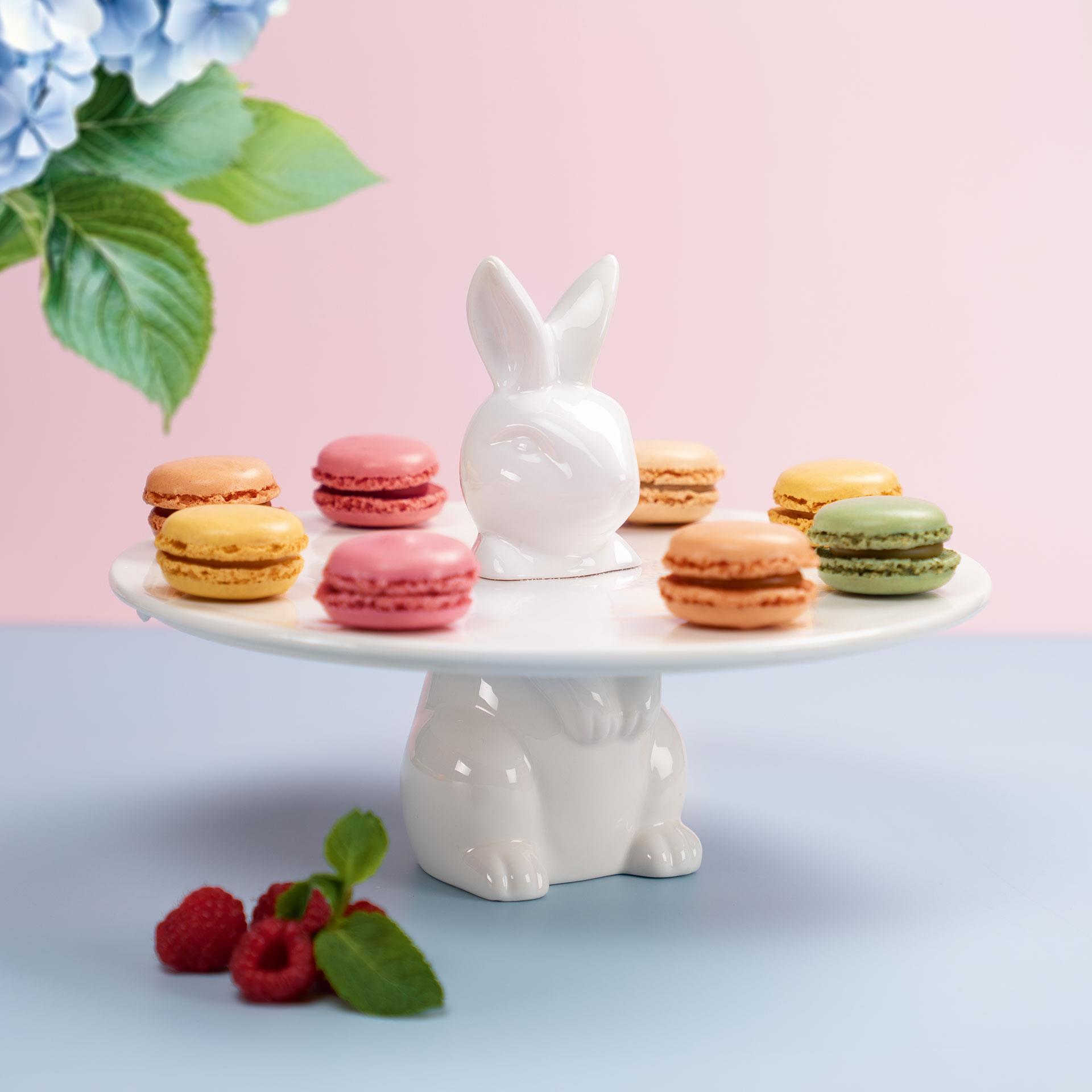 Weisse Keramik-Hasenplatte mit runder Servierfläche für Desserts und Snacks