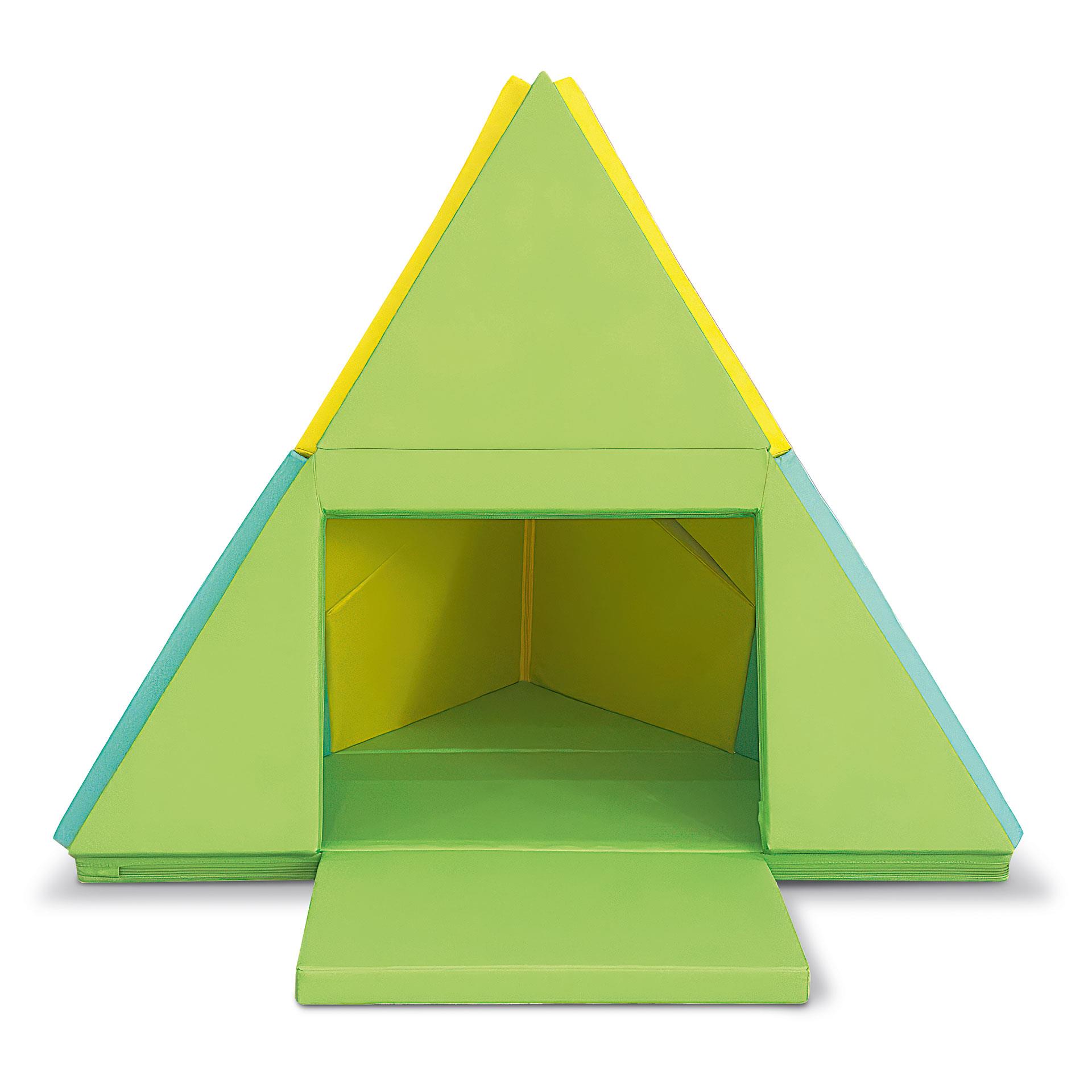 Tapis de jeu pliable 3en1 en jaune, vert et bleu, pouvant être utilisé comme tapis de sol, tipi et bateau