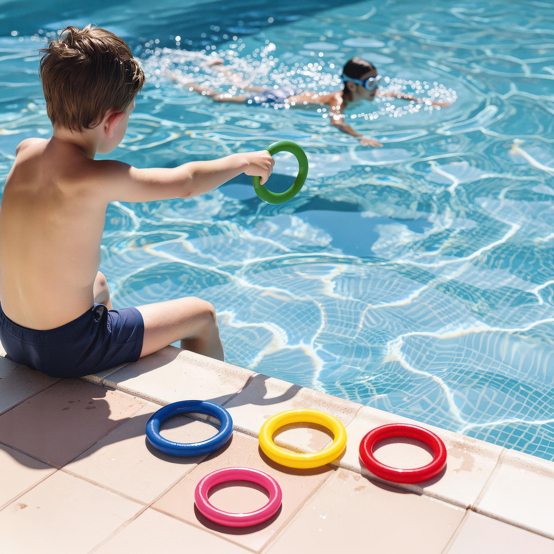 Cinq anneaux de plongée colorés dans les tons bleu, jaune, vert, rouge et rose