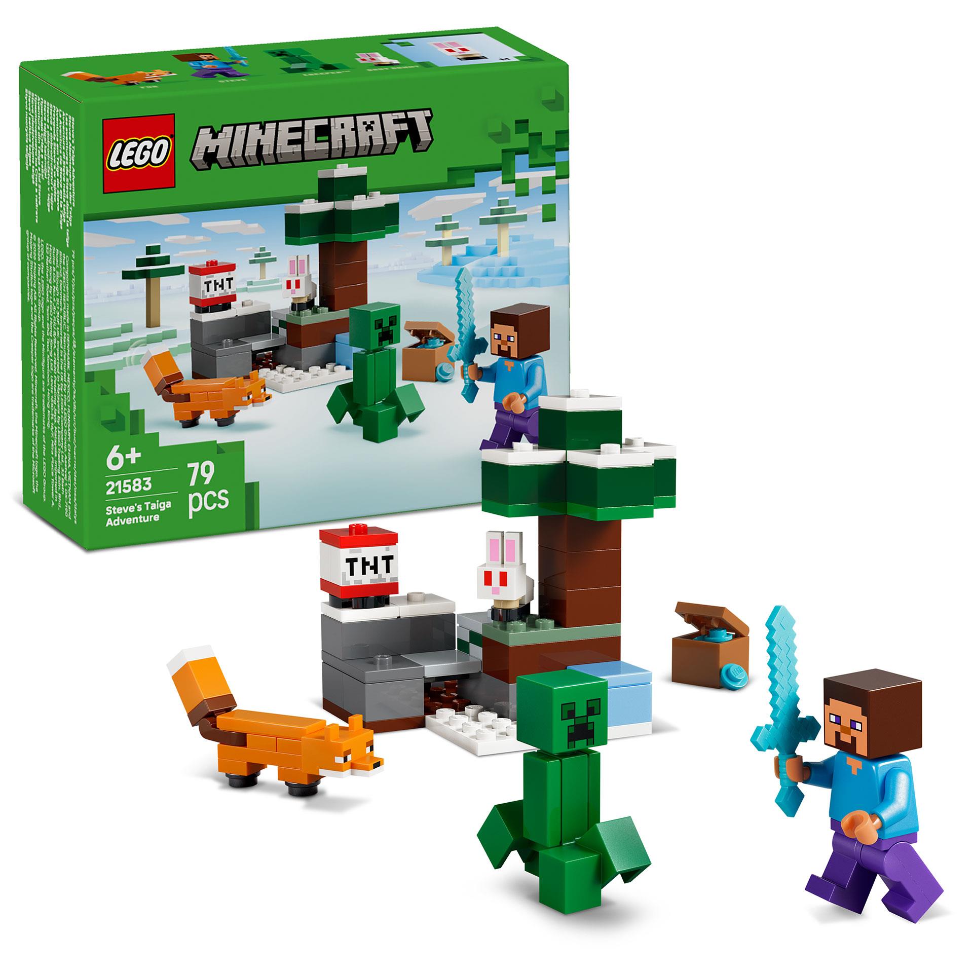 LEGO Minecraft Steves Abenteuer in der Taiga - Spielzeug mit Steve Minifigur - Diamantschwert, Creeper, Fuchs und Baby Kaninchen