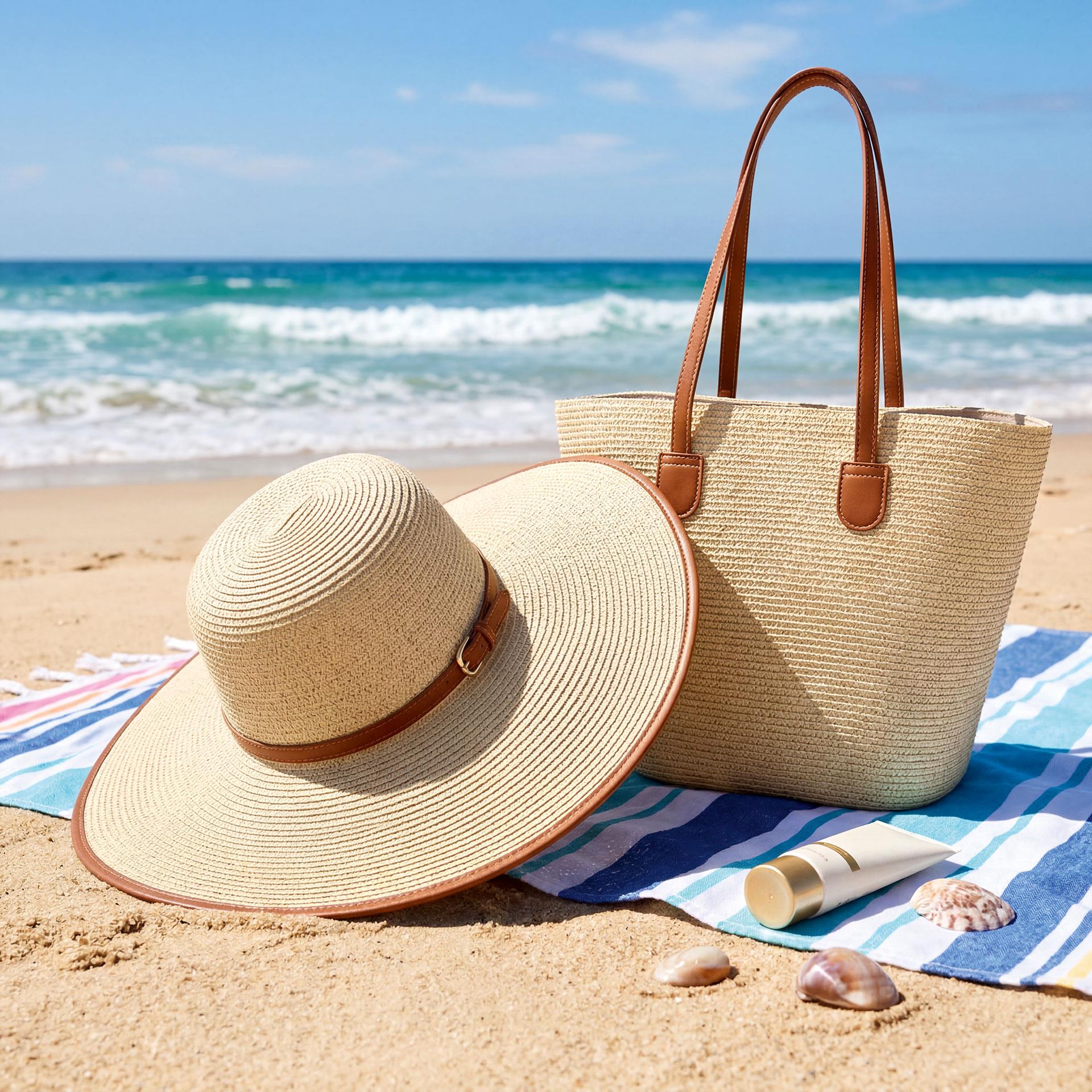 Sommerliches Set mit geflochtener Strandtasche und passendem Sonnenhut
