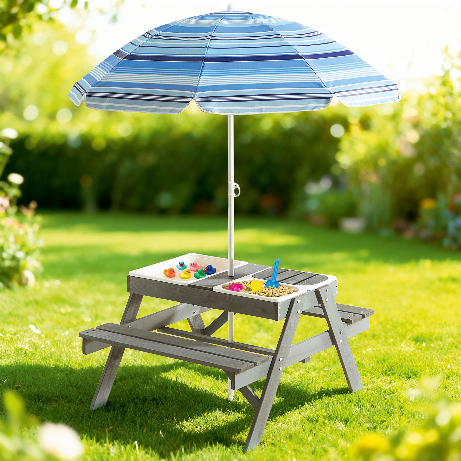 Picknicktisch Sand- und Wassertisch mit Kindersitzbank und Sonnenschirm für Outdoor Spiel und Basteln