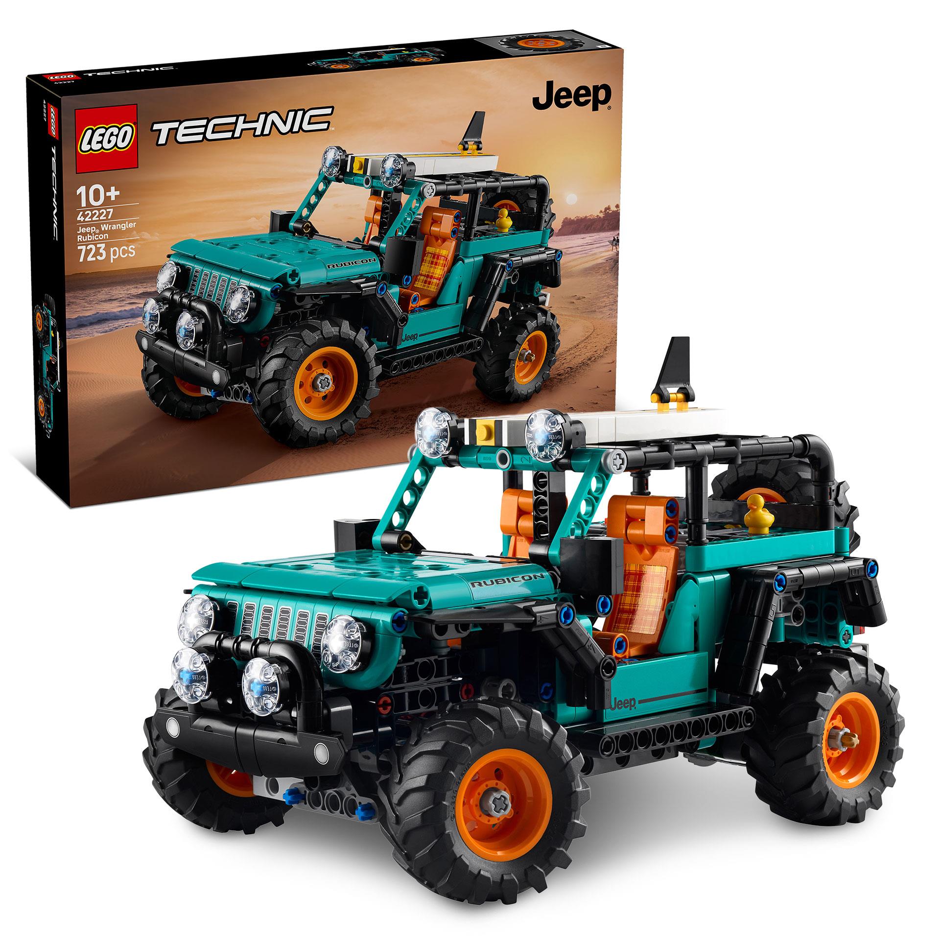 LEGO Technic Jeep Wrangler Rubicon Geländewagen als detailreiches Offroad Modell mit aufklappbarer Motorhaube, Surfbrett und kleiner Gummiente