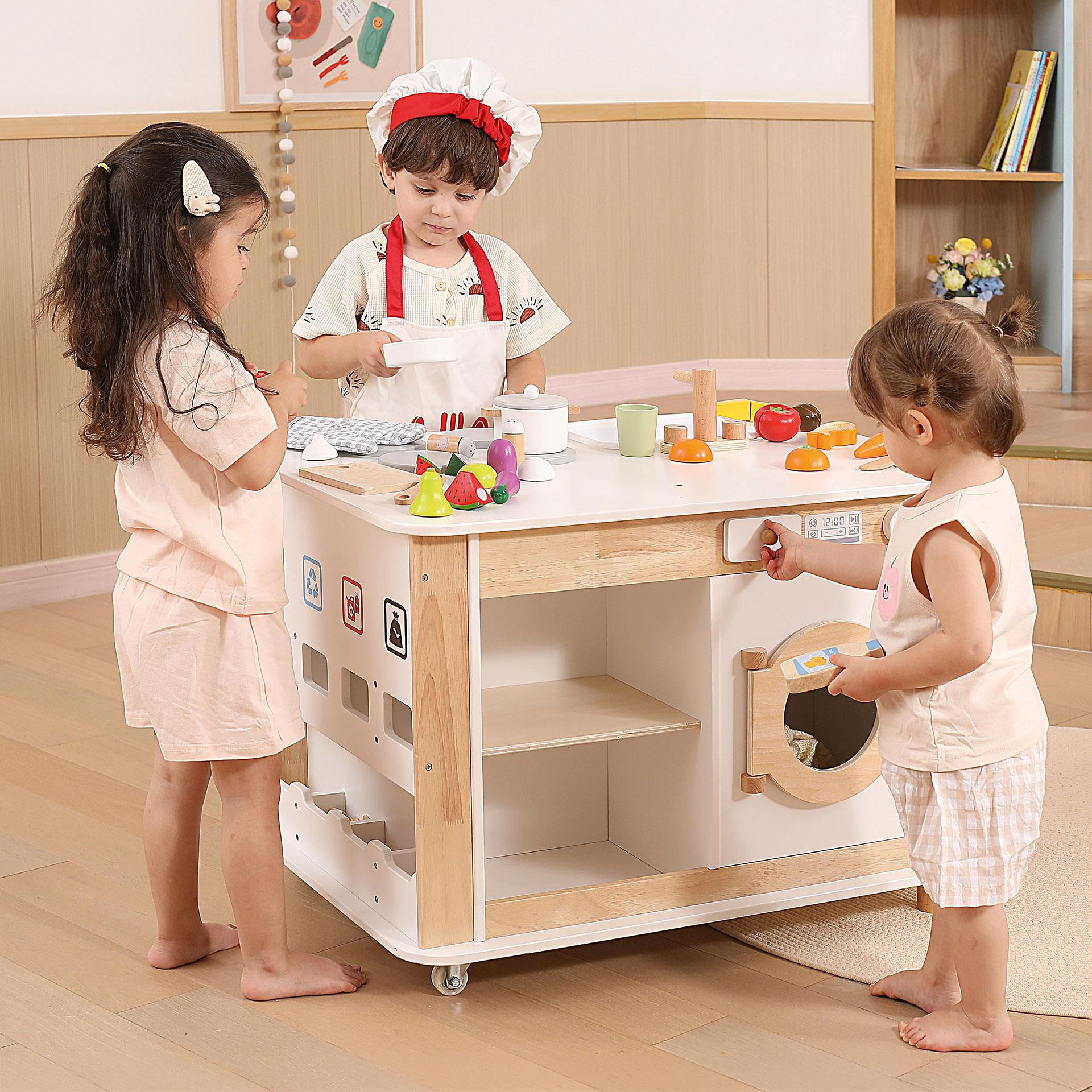 Haushalts-Spielcenter 4in1 aus Holz mit Küche, Waschmaschine, Mülltrennungssystem, Eiswürfelspender und Zubehör