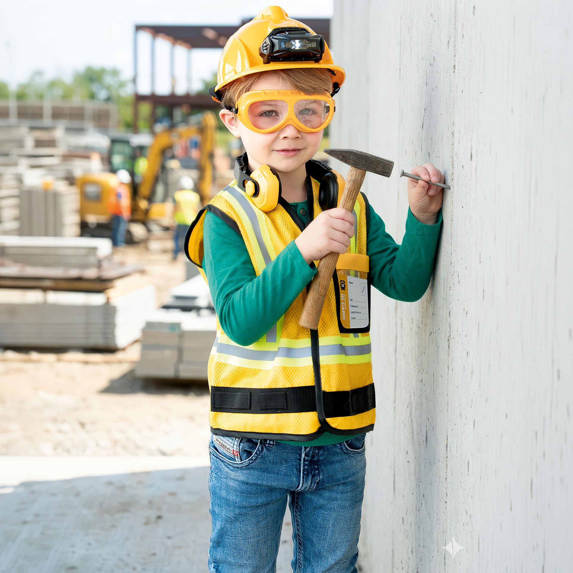 Bauarbeiter Kinderkostüm mit gelbem Helm mit Licht, Schutzbrille und Ohrenschutz