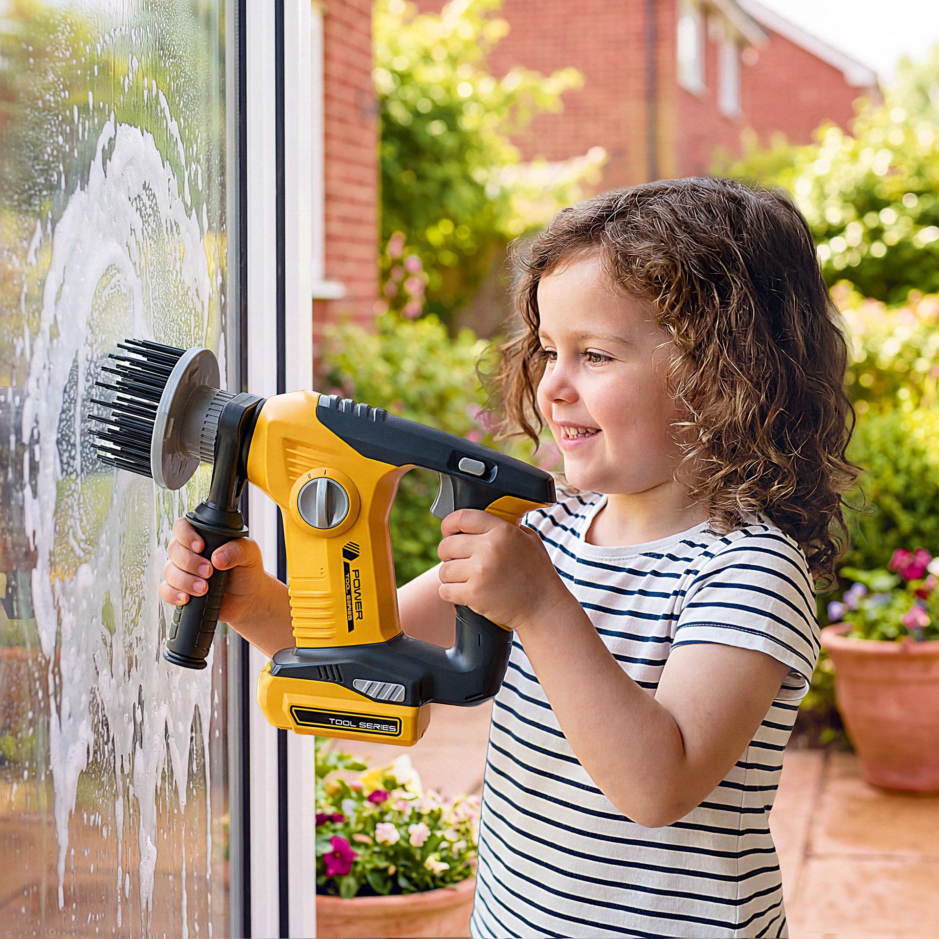 Gelbe Spiel-Bohrbürste für Kinder mit Zubehör wie Schwamm und Abzieher