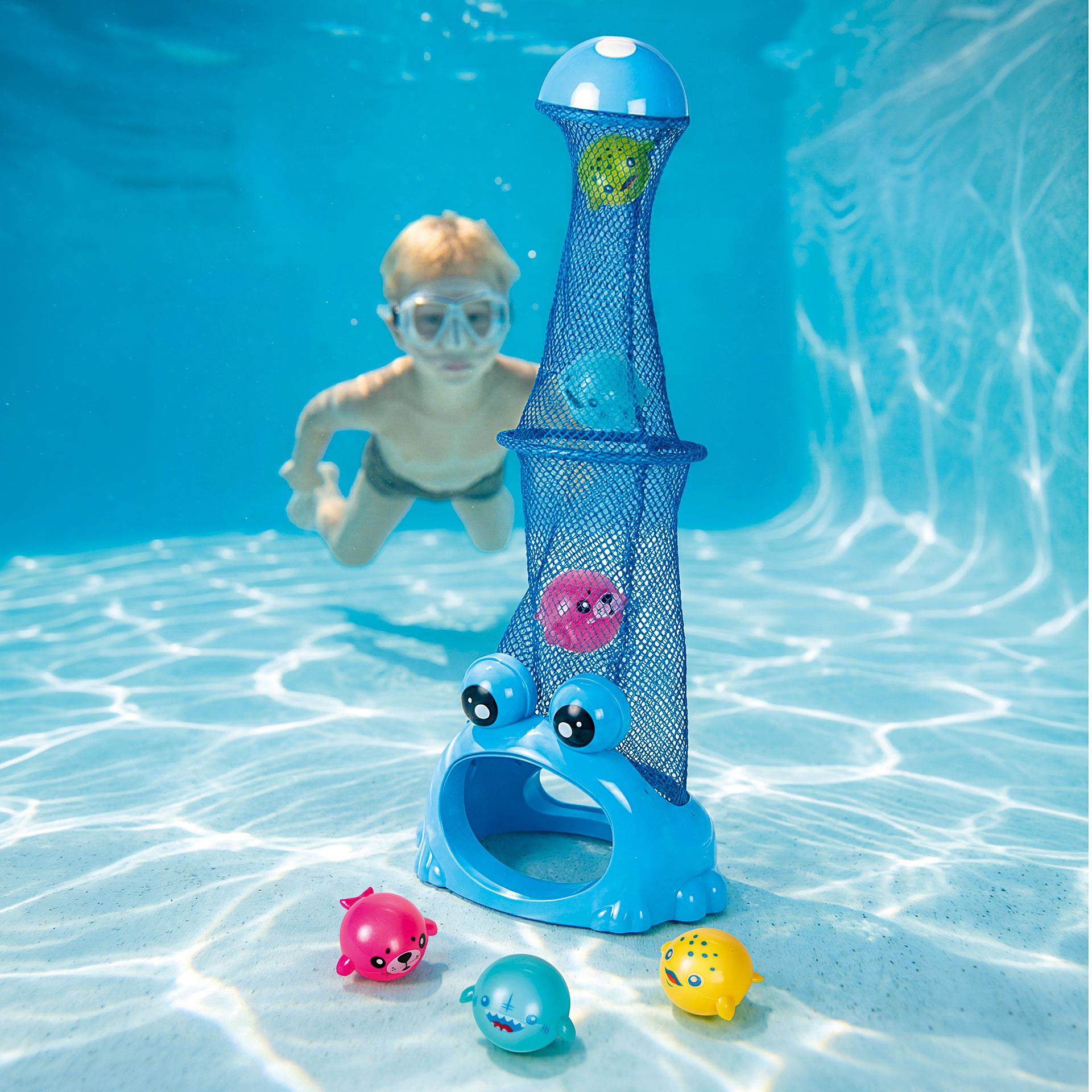 Blaues Tauchspiel mit grossem Fangnetz und 6 bunten schwimmenden Fischfiguren für Poolspiele