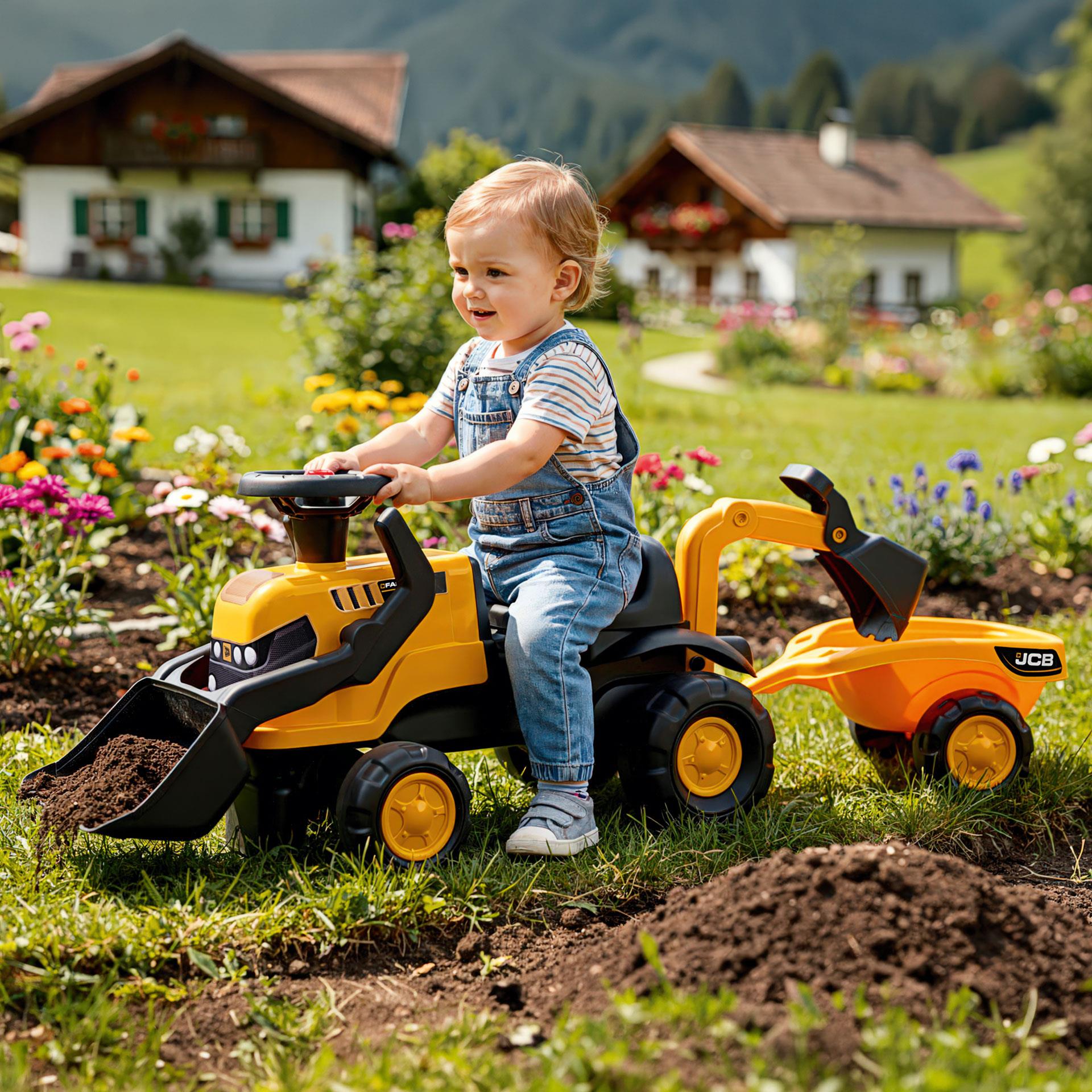 Gelber Kindertraktor Rutscher mit Frontlader vorne, beweglichem Baggerarm hinten und Anhänger