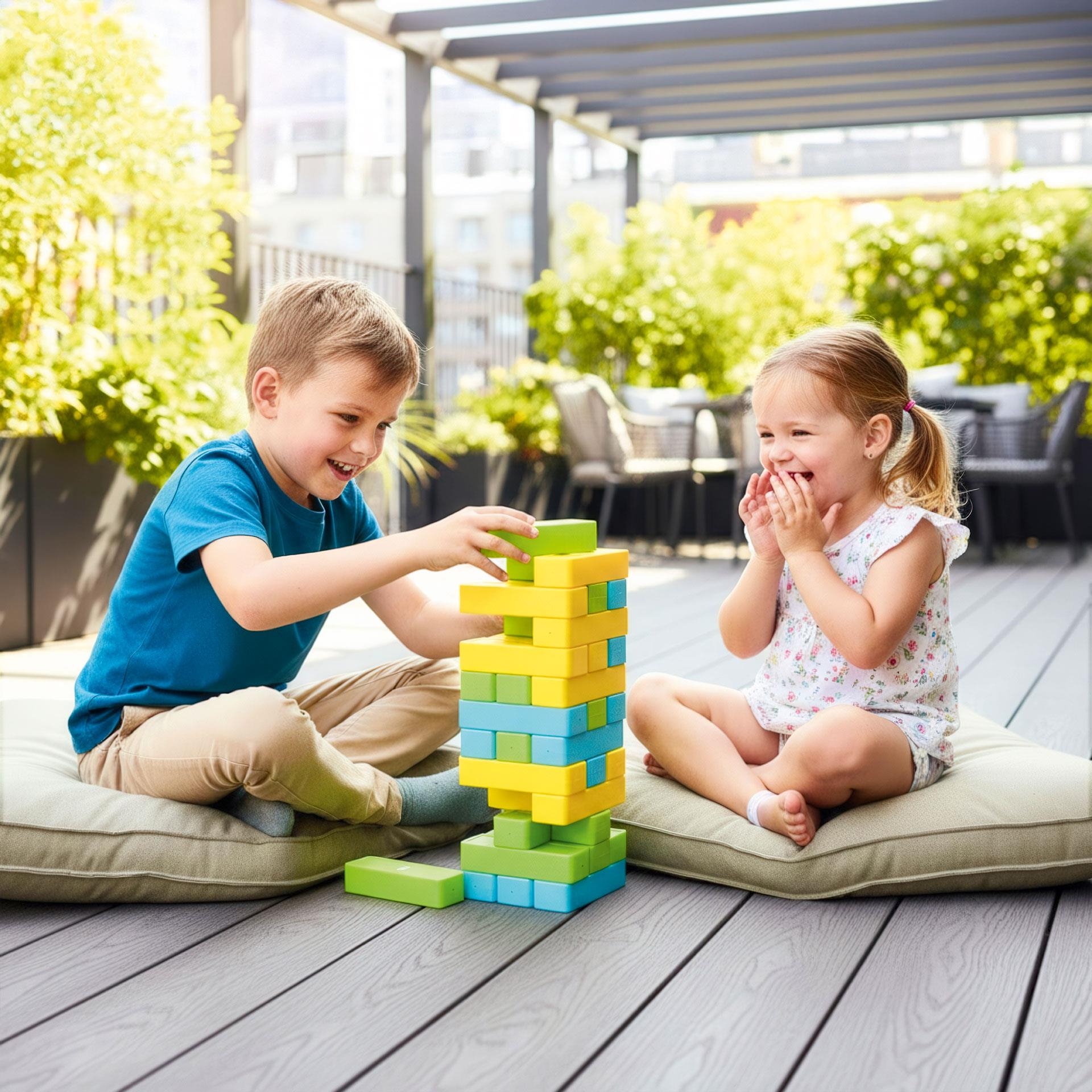 XXL Wackelturm und Domino Spiel Set für Kinder mit bunten grossen Bausteinen