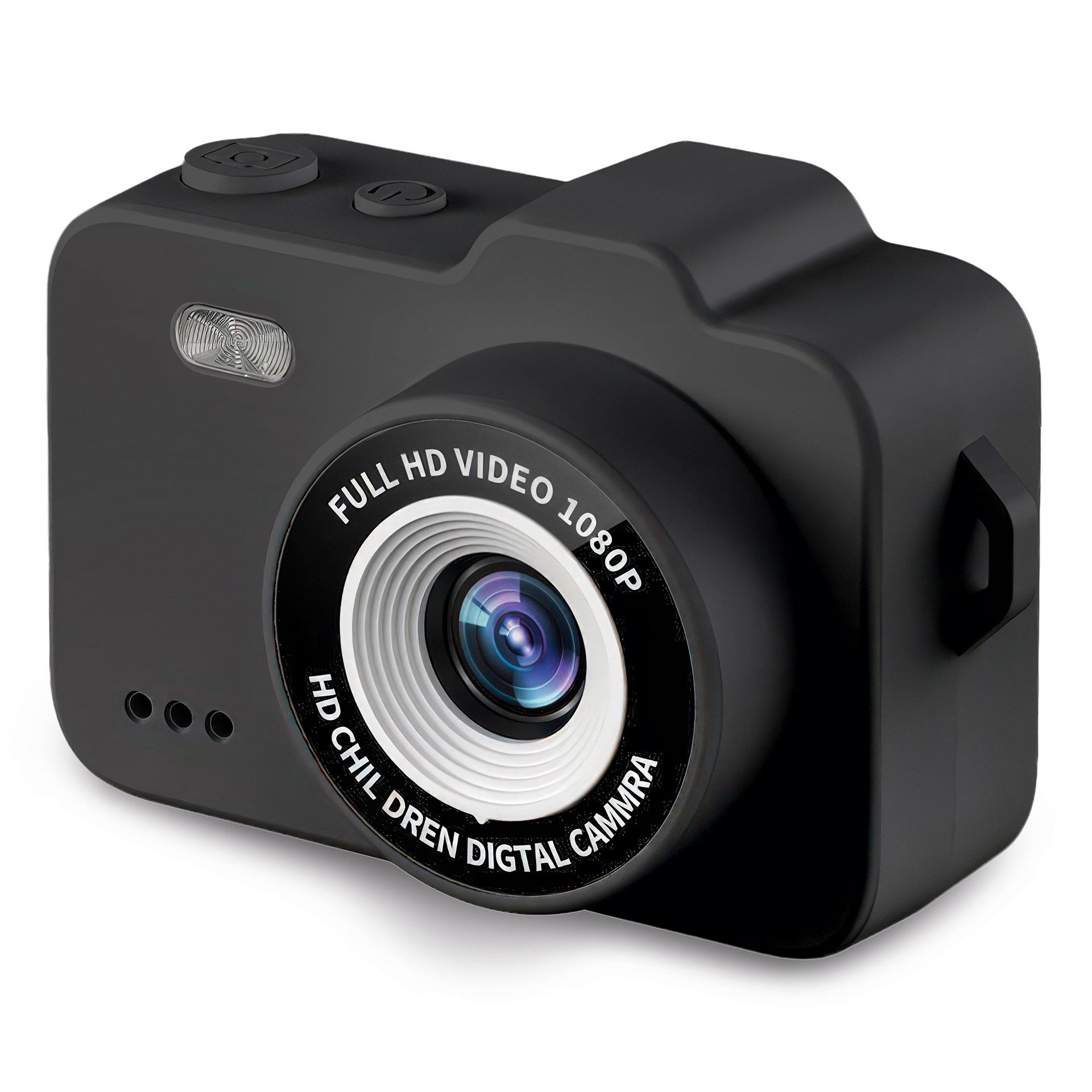 Schwarze Mini Fotokamera mit Display für Kinder zum Fotografieren und Filmen