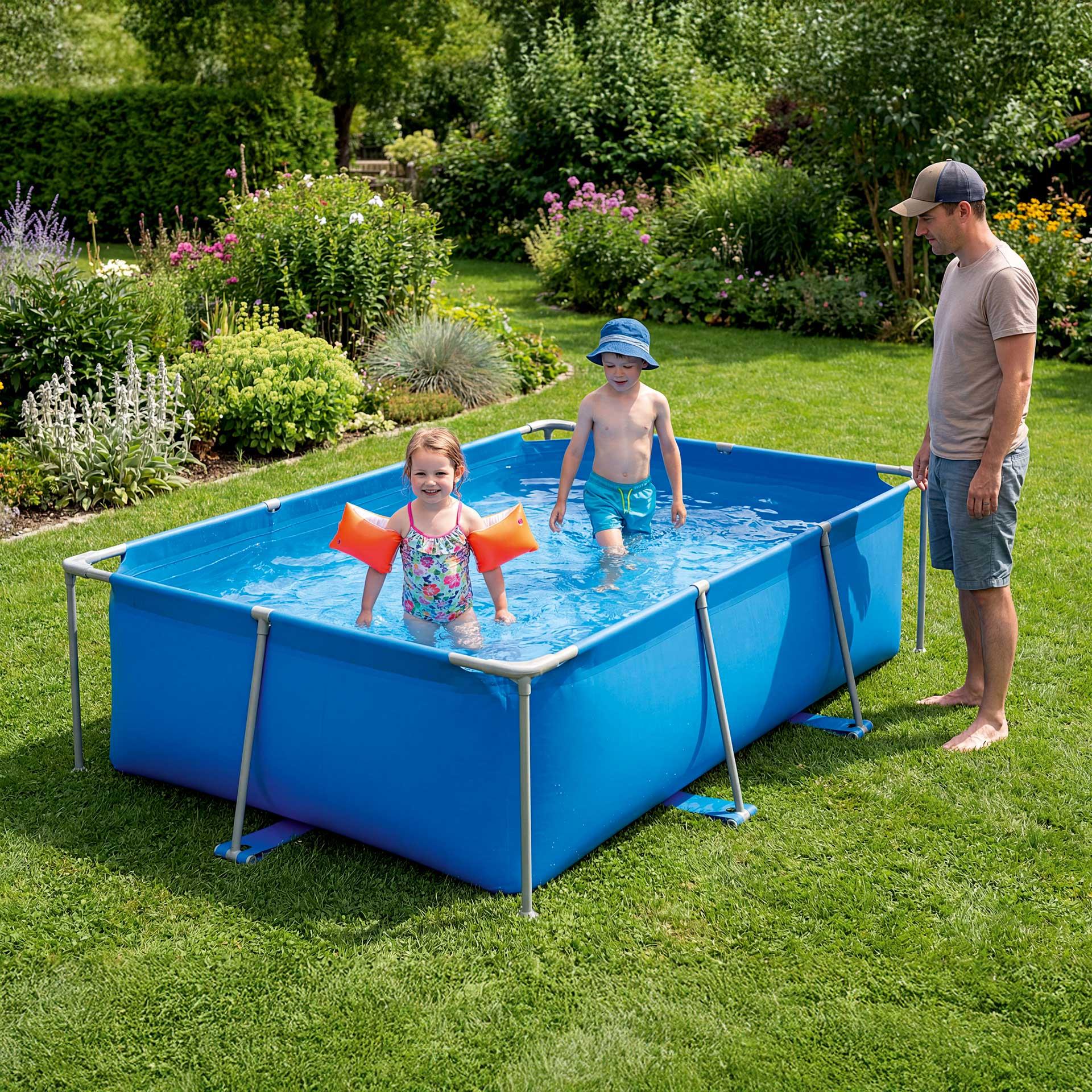 Kinder Lernschwimmbecken mit stabilem Stahlrahmen und rechteckiger Form im Gartenstil