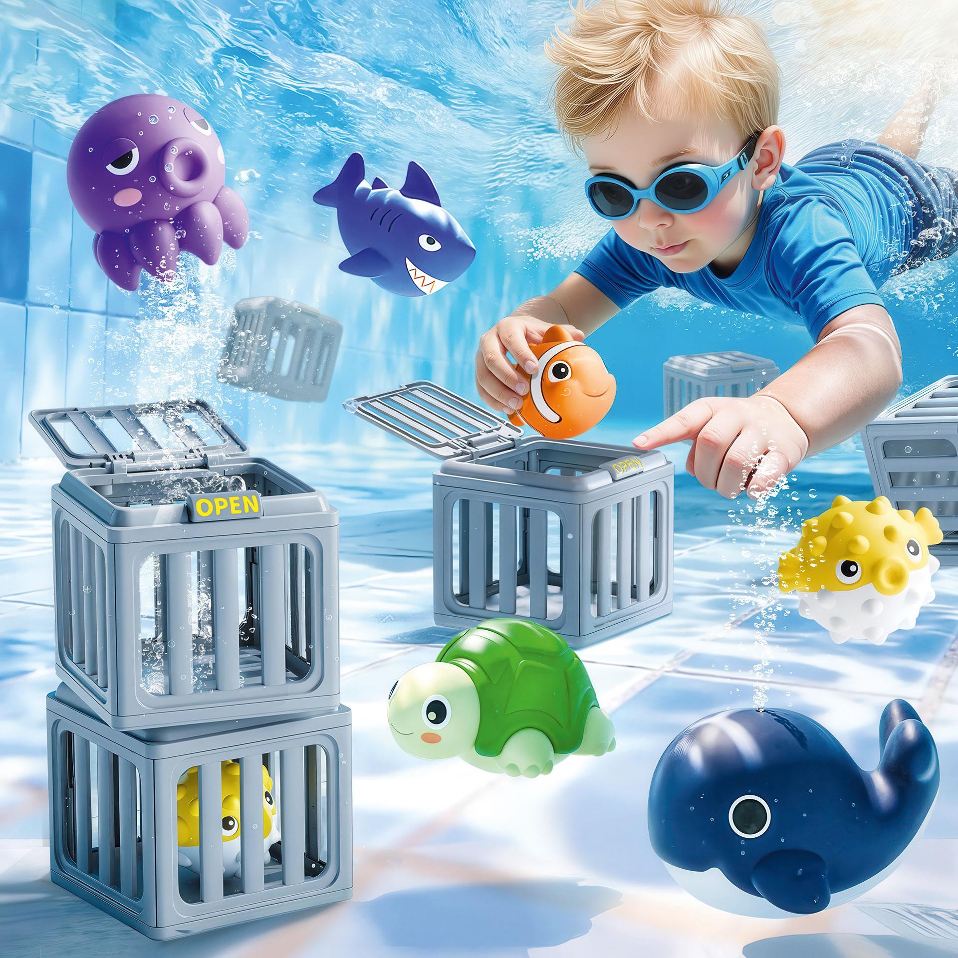 Ein Tauchspielset mit 6 grauen Käfigen und 6 bunten Meerestieren, die im Wasser schwimmen und beim Freilassen wieder auftauchen