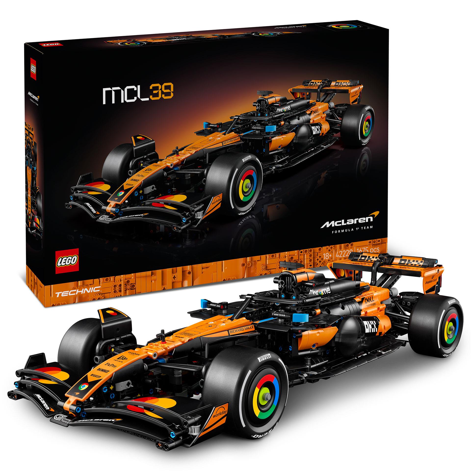 L’immagine mostra l’auto McLaren MCL39 F1 LEGO Technic come modellino dettagliato di Formula 1 da esporre.