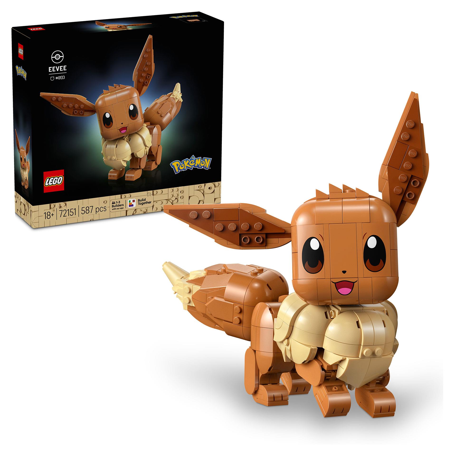 LEGO Pokémon Evoli Figur mit niedlichem Gesicht, beweglichen Ohren und buschigem Schwanz als dekoratives Modell zum Ausstellen