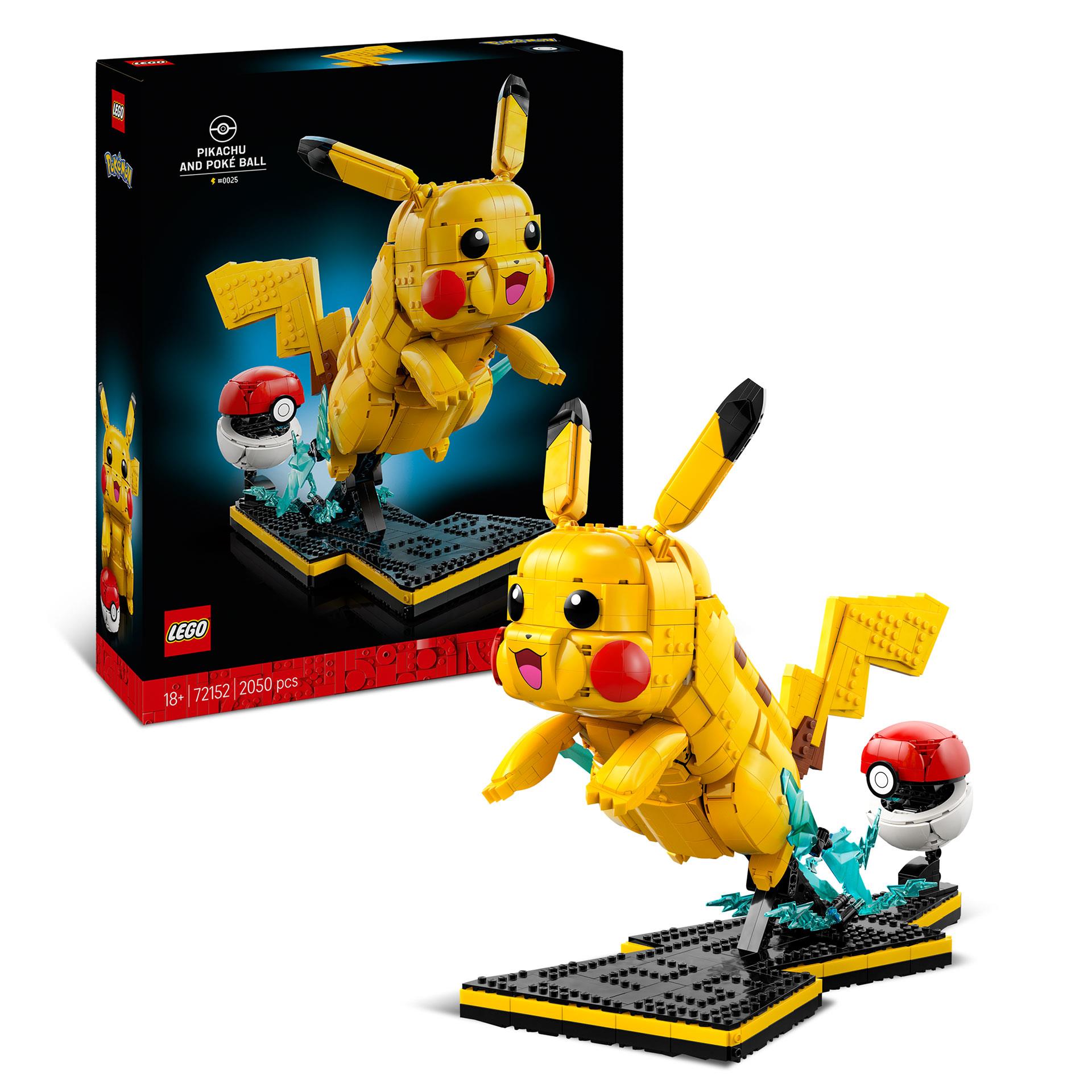 LEGO Pokémon Pikachu Figur mit Pokéball, Blitzständer und dynamischer Actionpose als dekoratives Modell zum Ausstellen
