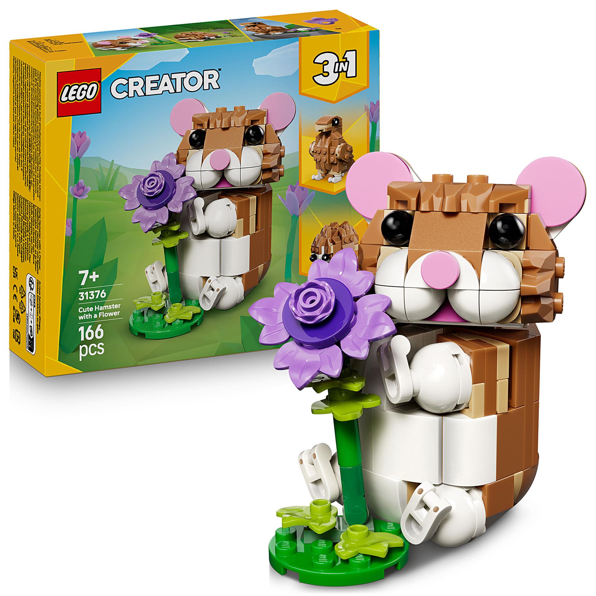 LEGO Creator Hamster mit Blume sowie alternative Tiermodelle wie Igel und Adler als niedliche Baufiguren
