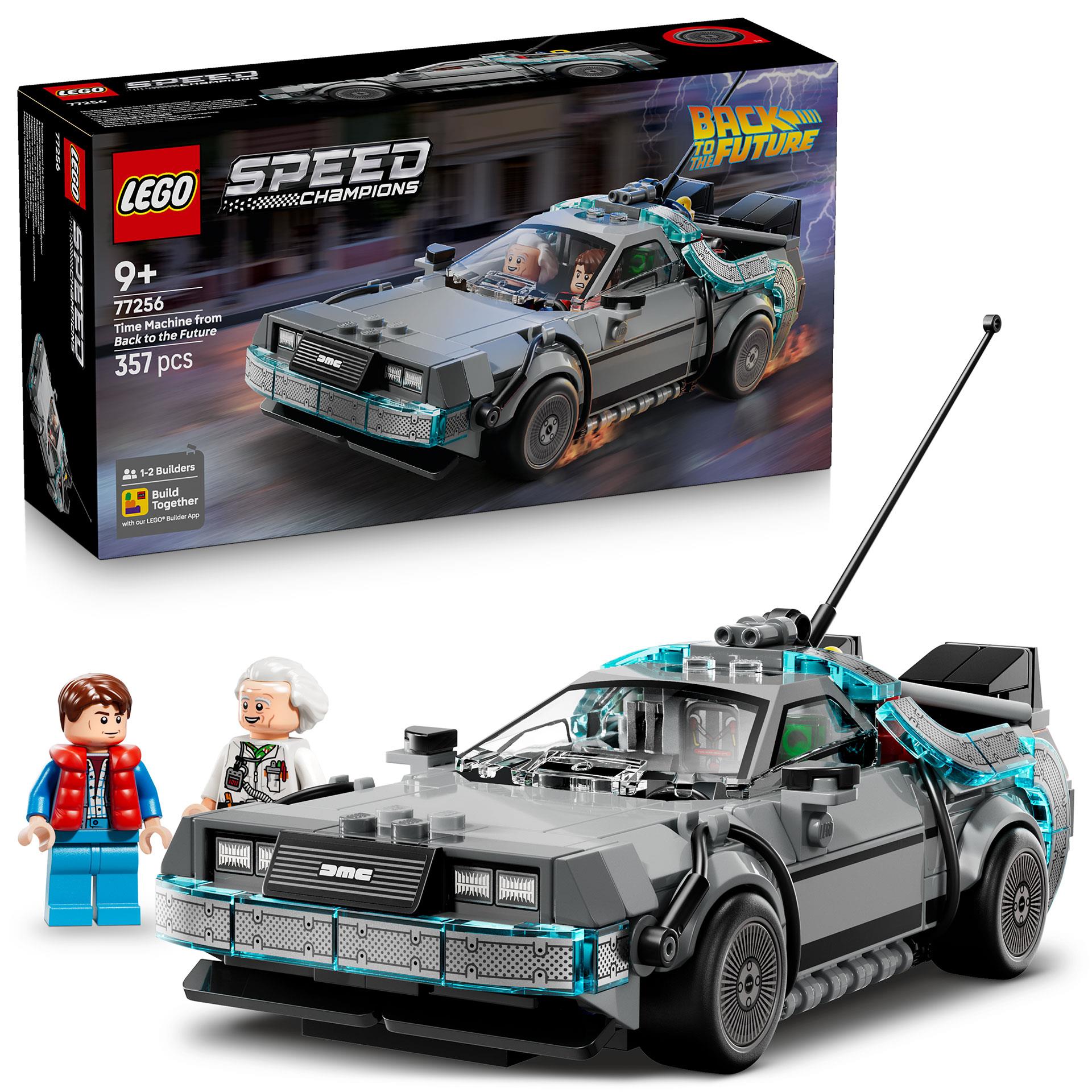 LEGO Speed Champions Zeitmaschine aus Zurück in die Zukunft mit DeLorean und Minifiguren in einer Filmszene