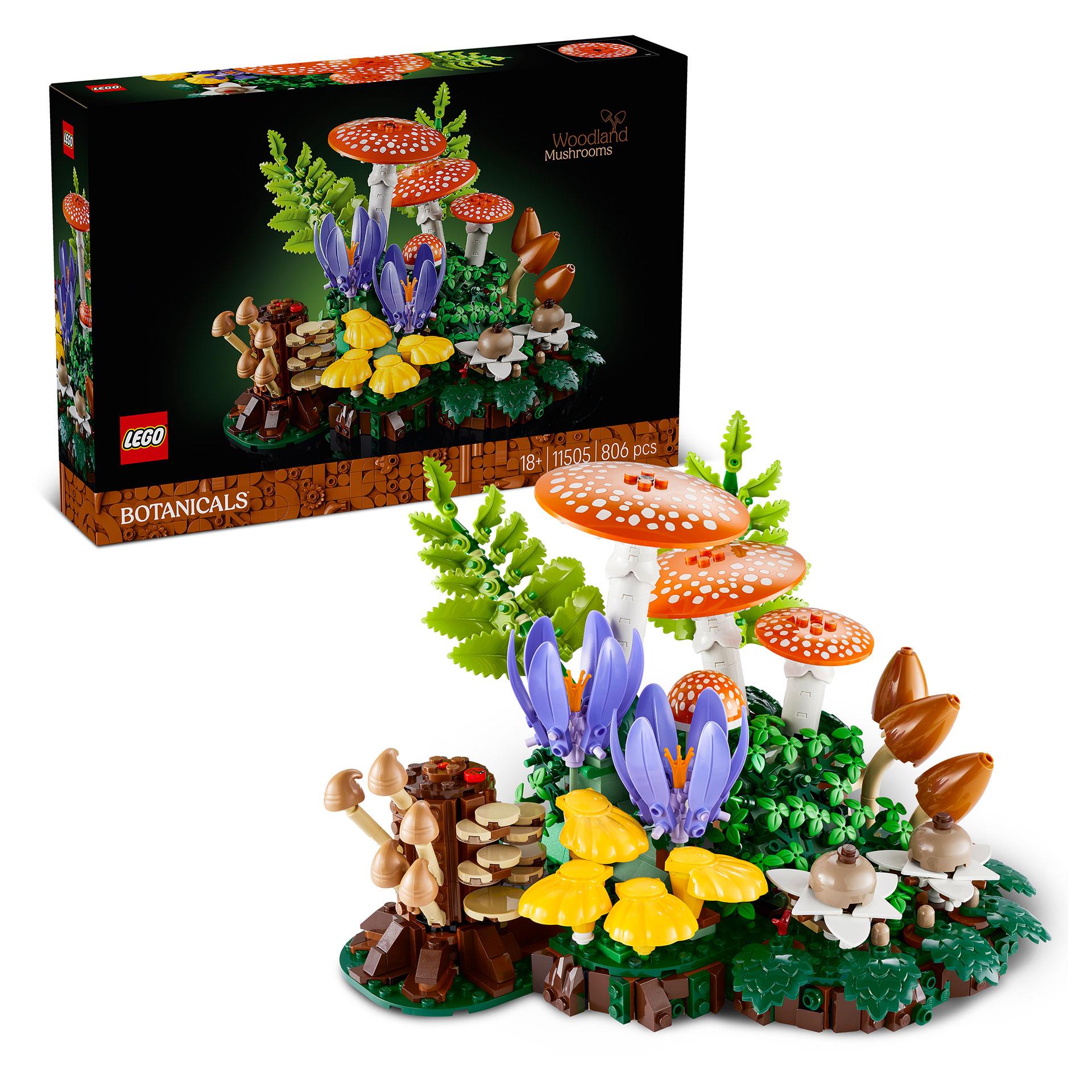 LEGO Botanicals Waldpilze-Set mit Fliegenpilzen, Farnkraut und violetten Herbstzeitlosen auf einer grünen Waldboden-Platte, 806 Teile