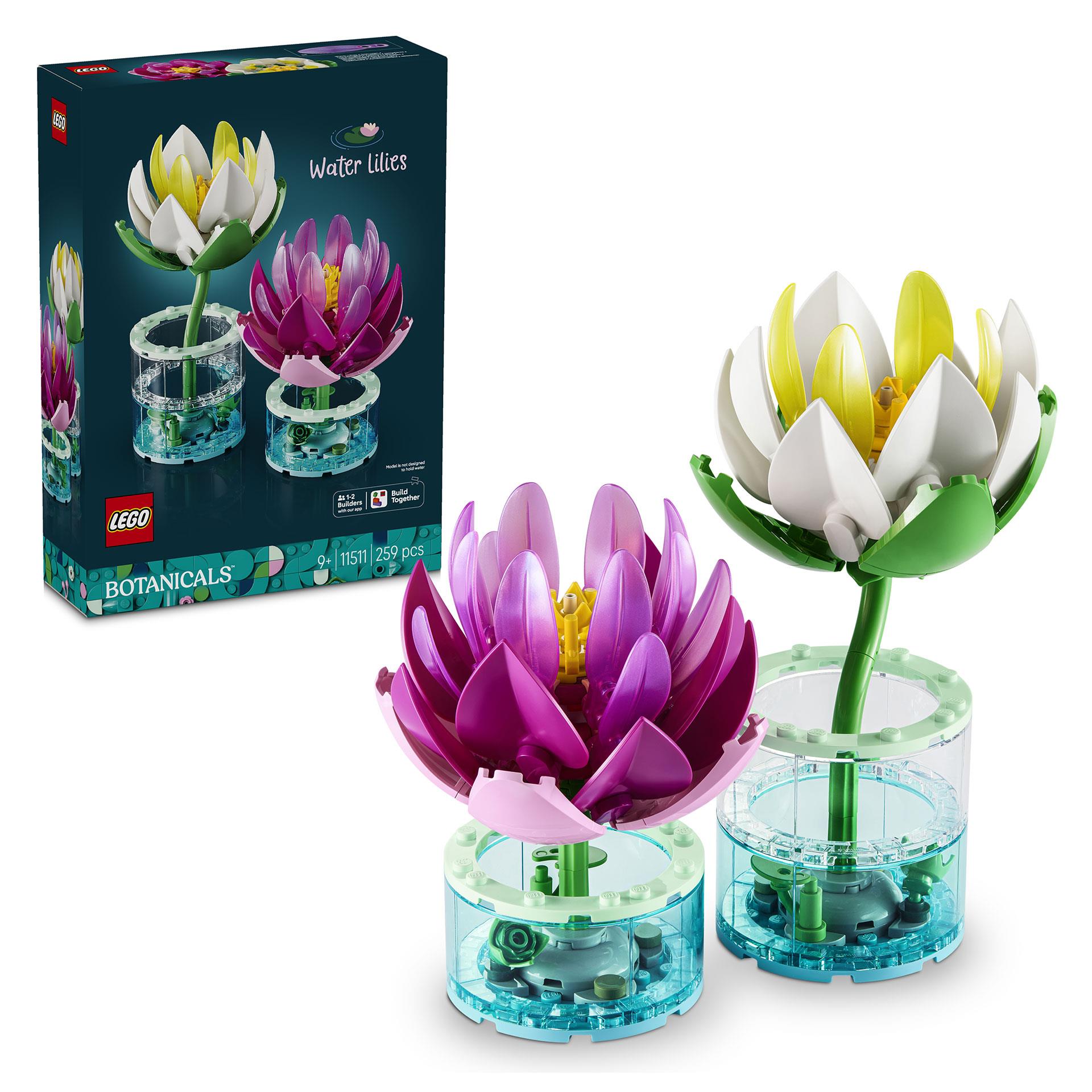 LEGO Botanicals Seerosen-Set mit weisser und rosafarbener Seerose in transparenten Vasen mit blauem Wasserelement, 259 Teile